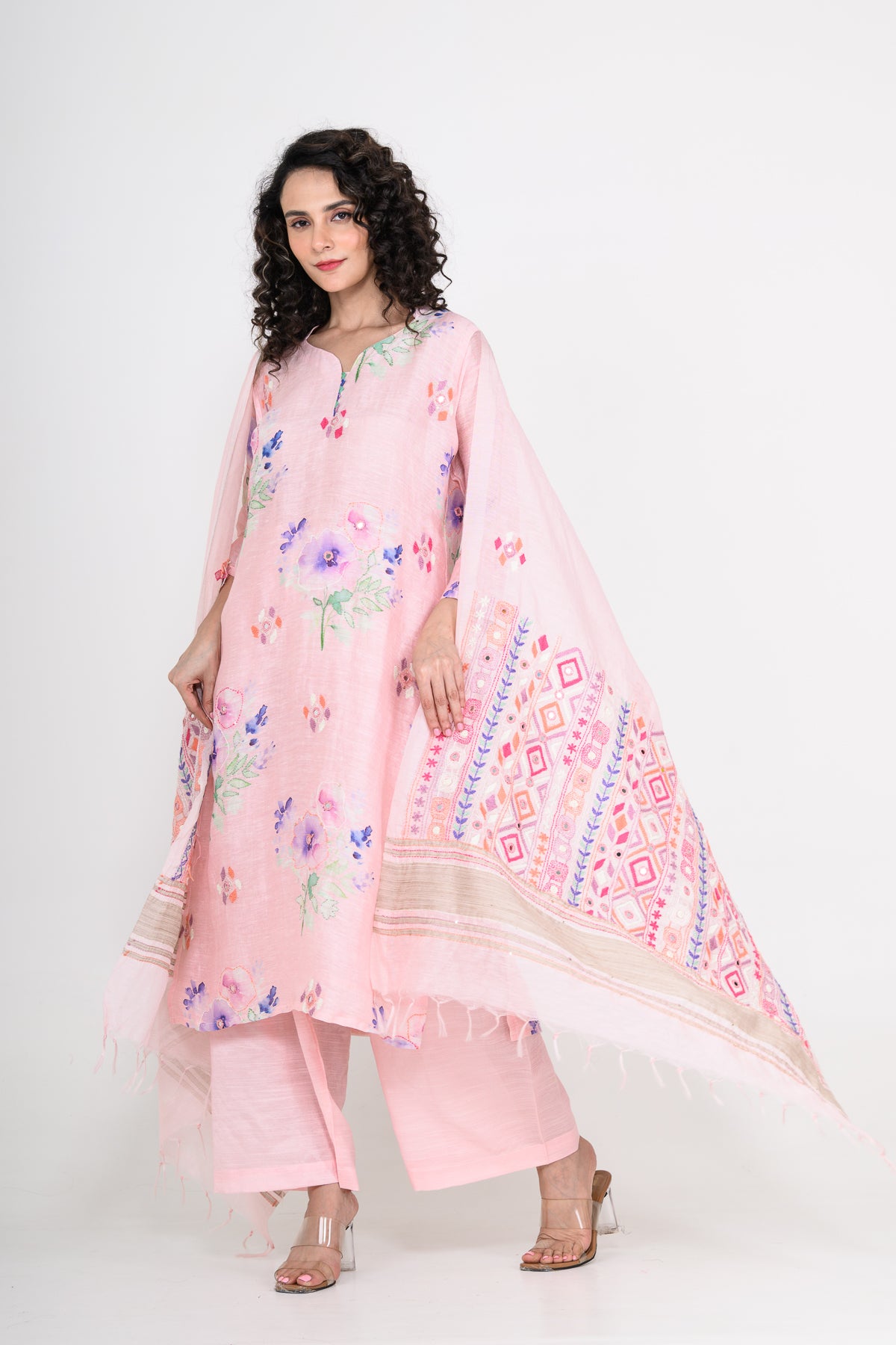 Light Pink Pure Linen Kurta Set with Katha & Mirror Highlight