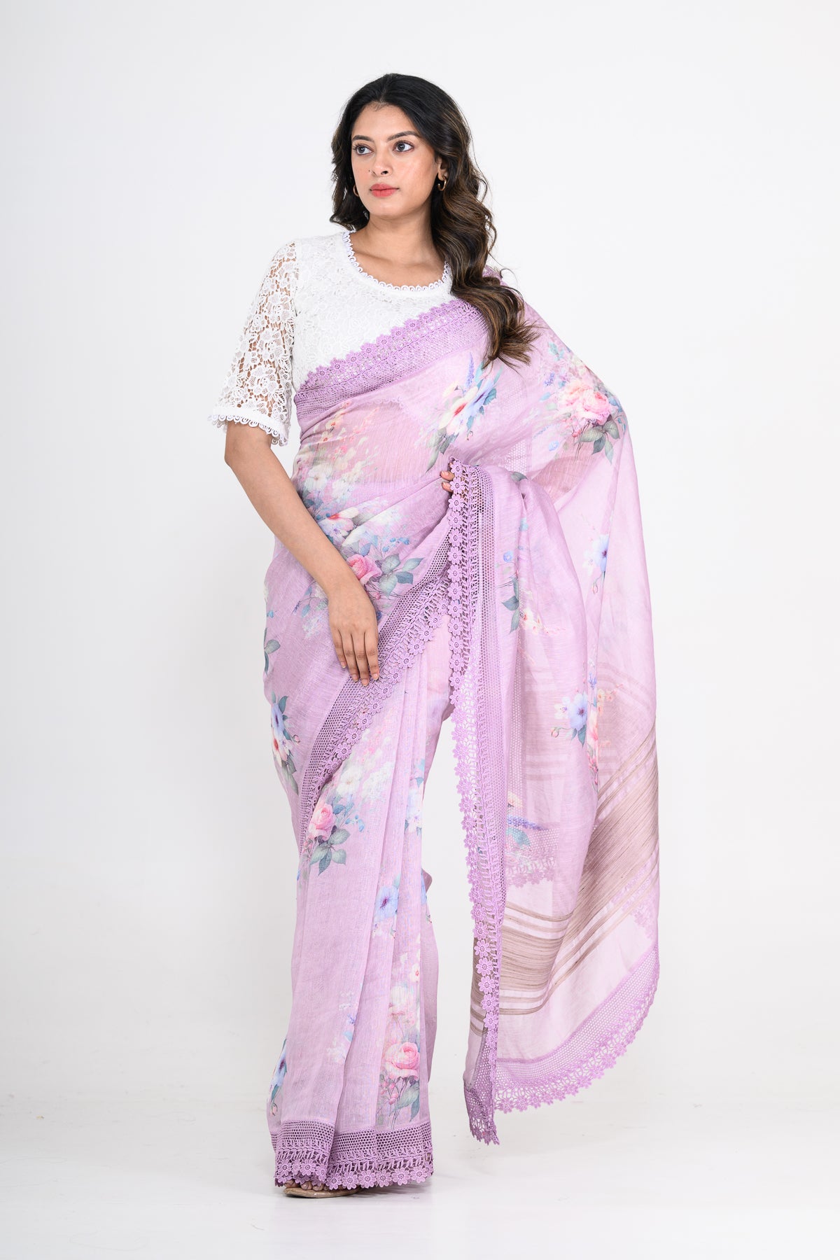 Lavender Purple Floral Printed Pure Linen Saree