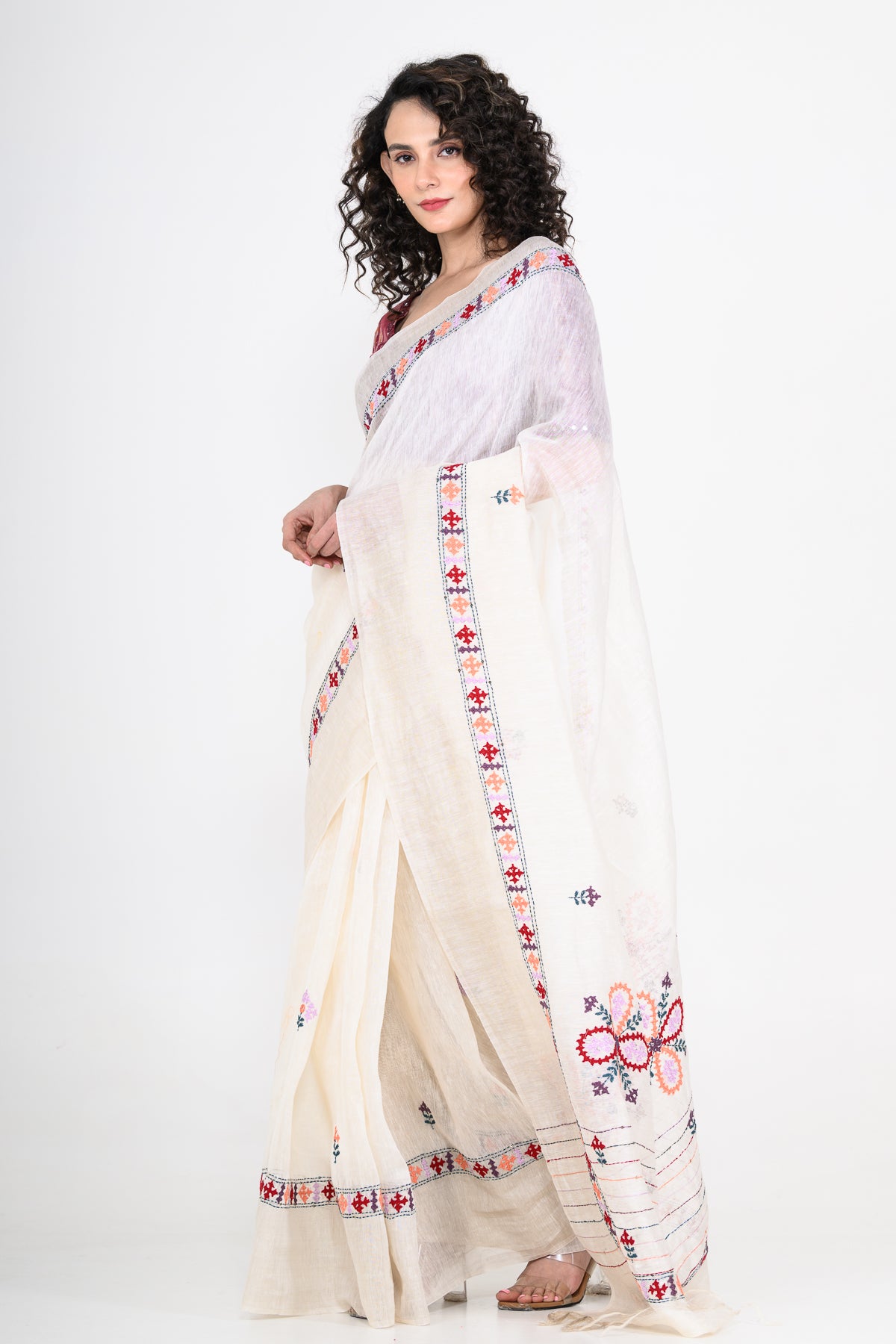 Pure Linen White Saree with Thread Work