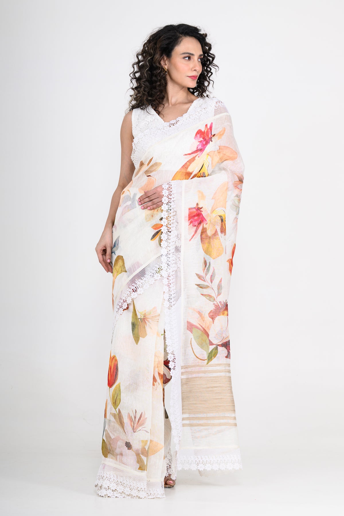 Graceful Off White Floral Printed Pure Linen Saree