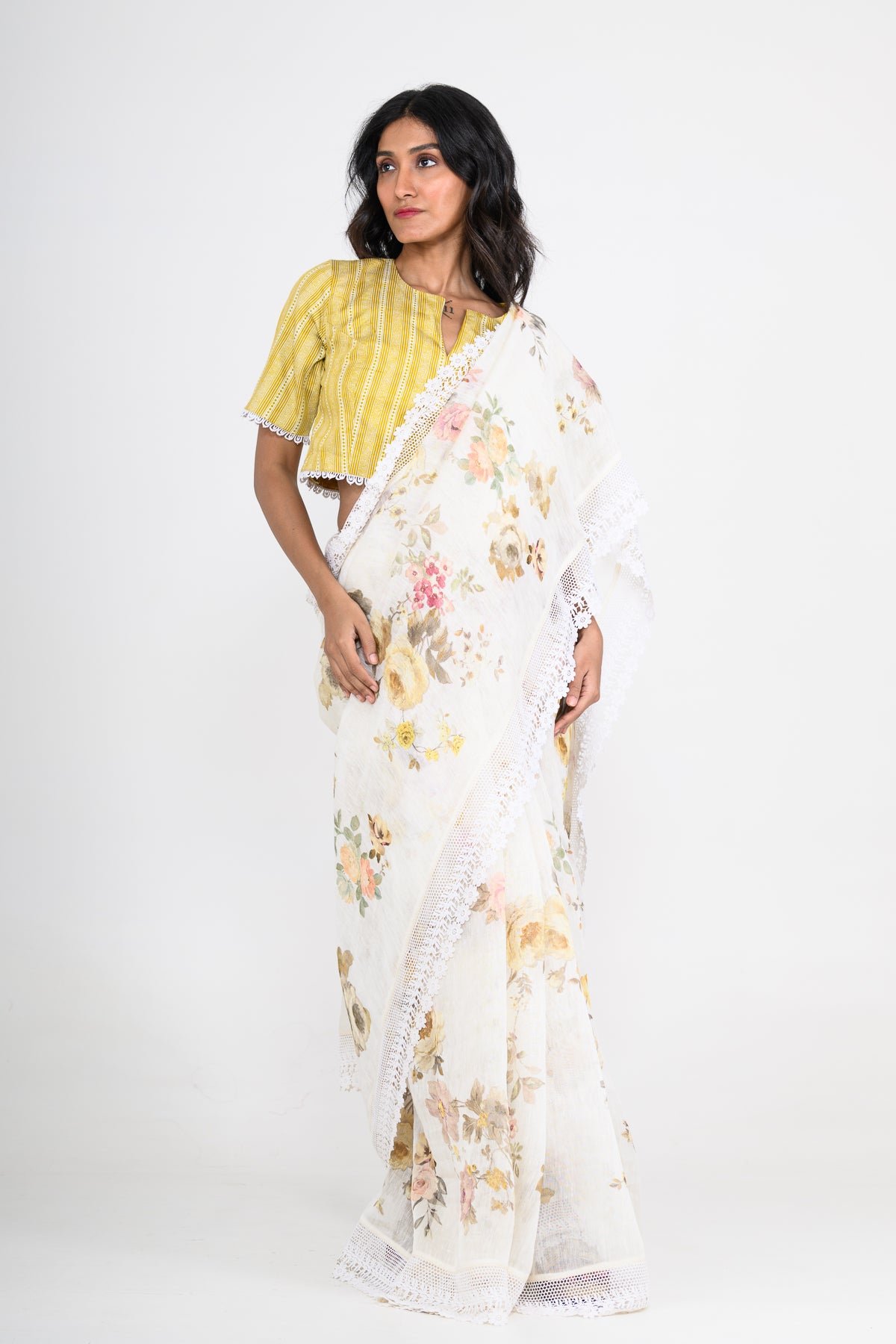 White Floral Printed Pure Linen Saree with Lace Work
