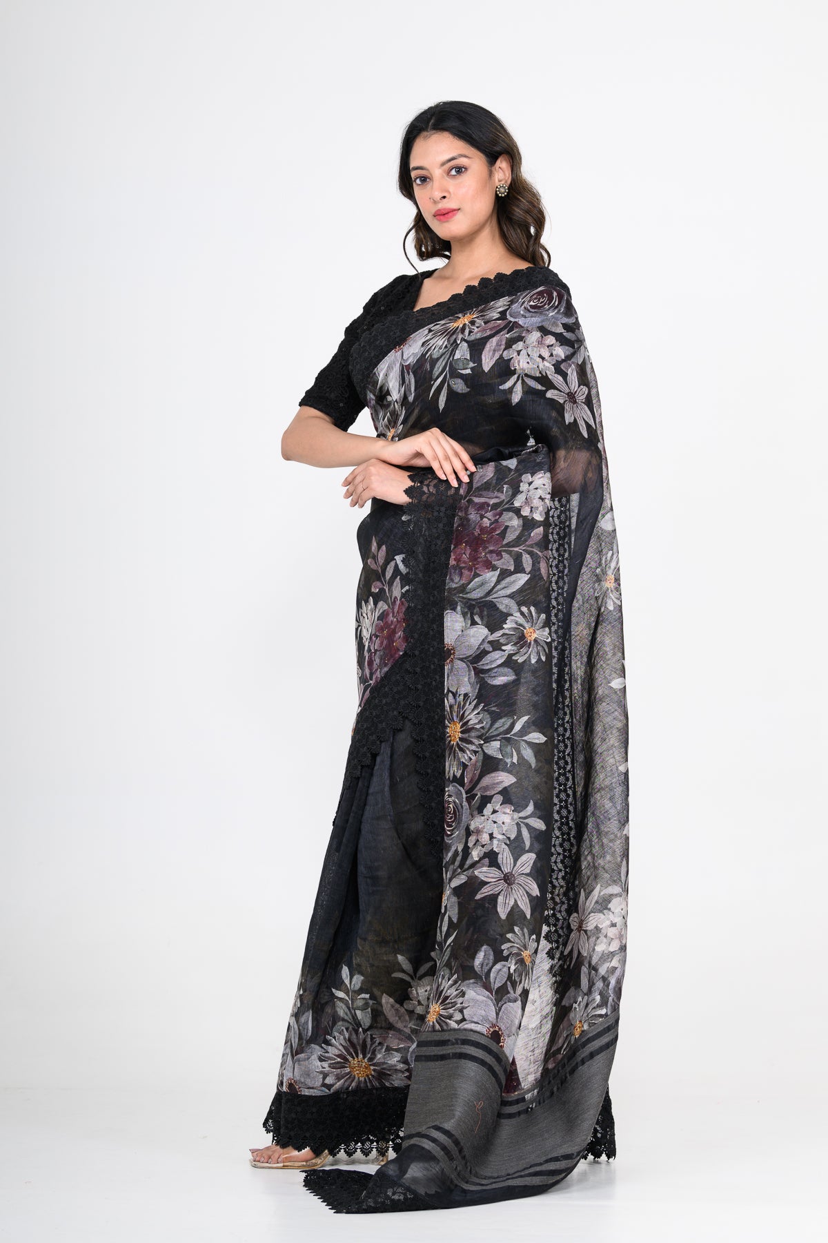 Floral Printed Pure Linen Black Saree with Lace Work