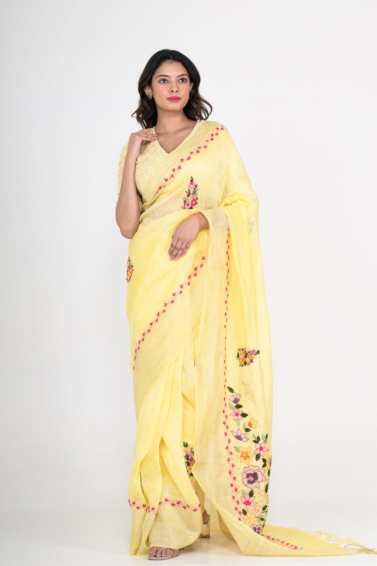 Yellow Pure Linen Saree with Tikki & Thread Work