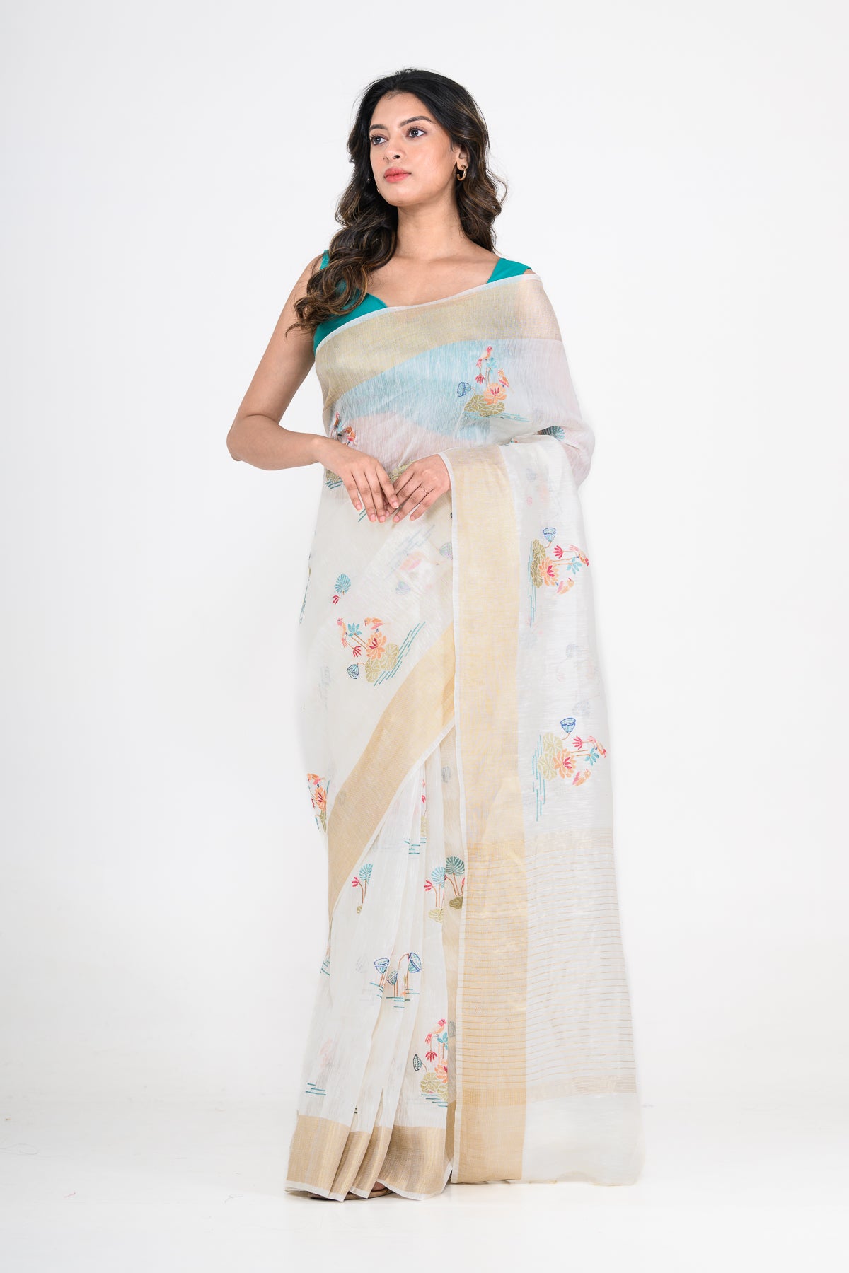 White-Gold Dual Tone Floral Printed Pure Linen Saree