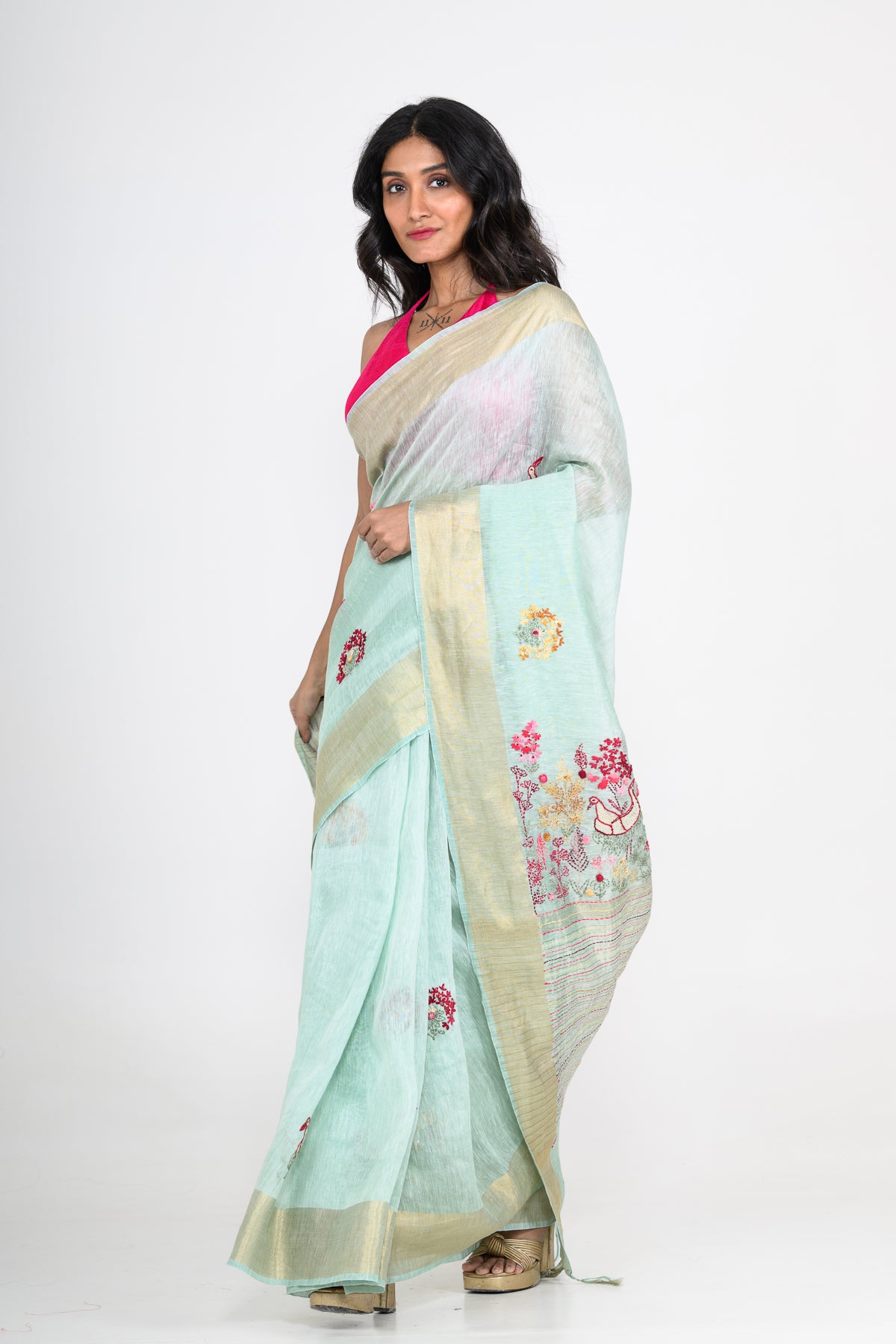 Light Green Pure Linen Saree with Tikki & Thread Work
