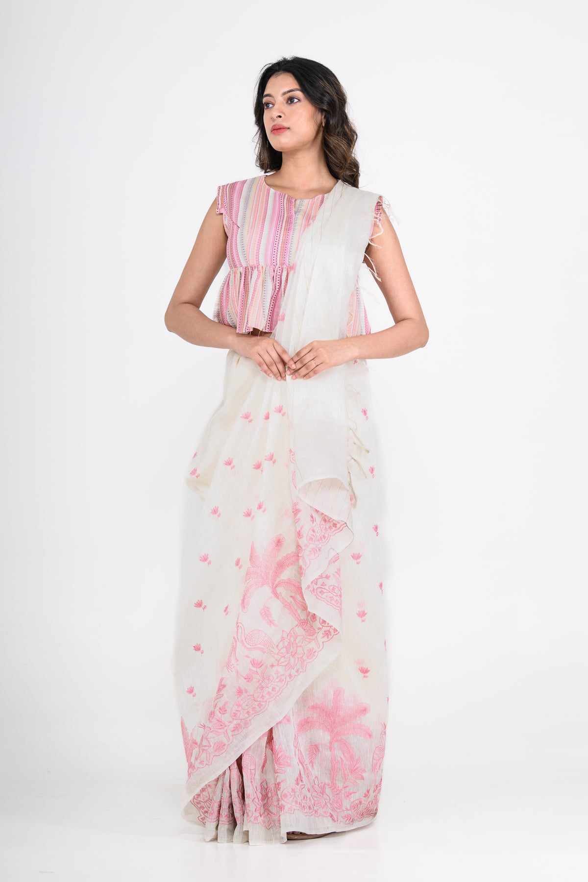 White-Pink Dual Tone Printed Pure Linen Saree