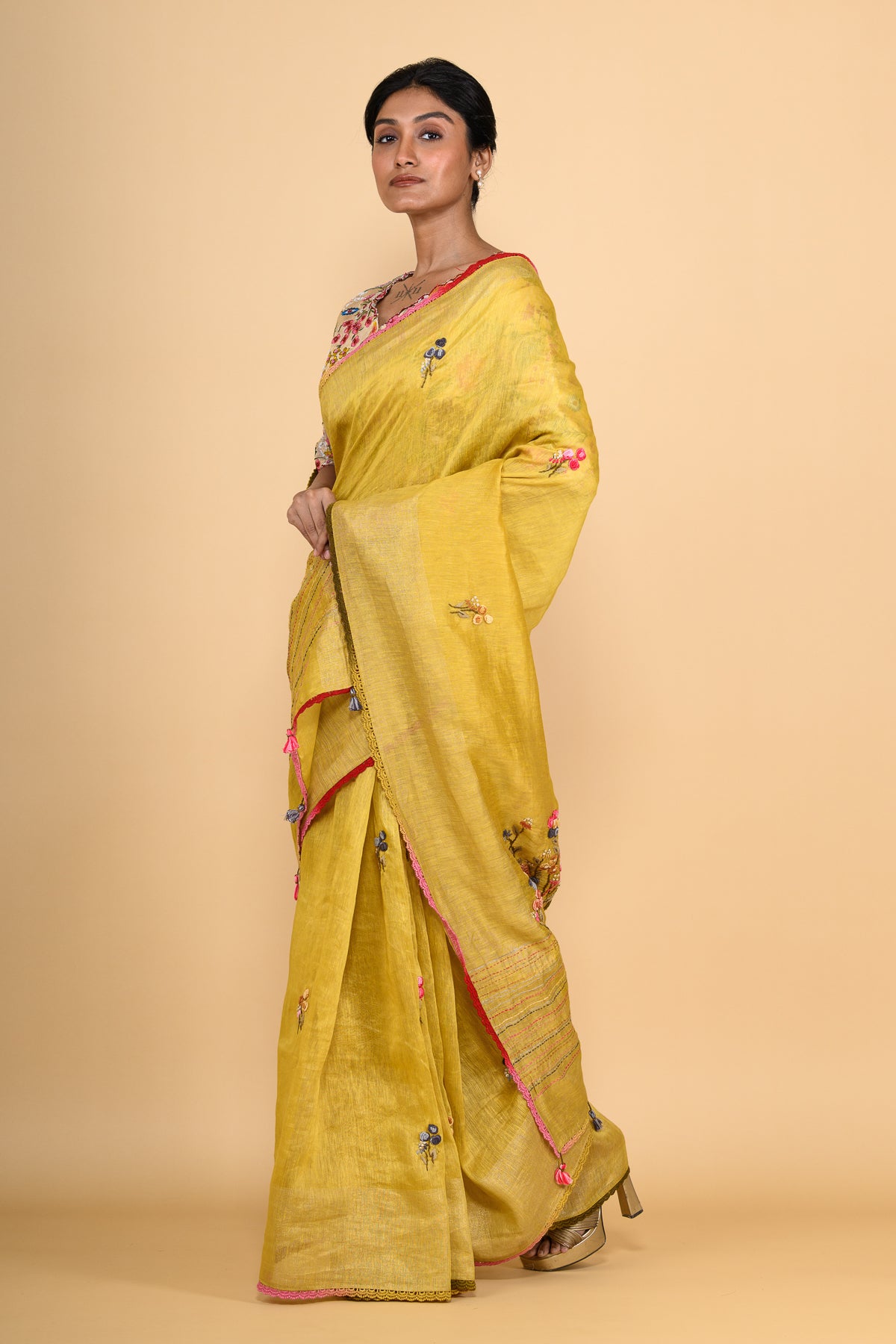 Topaz Yellow Pure Linen Saree with Thread Work