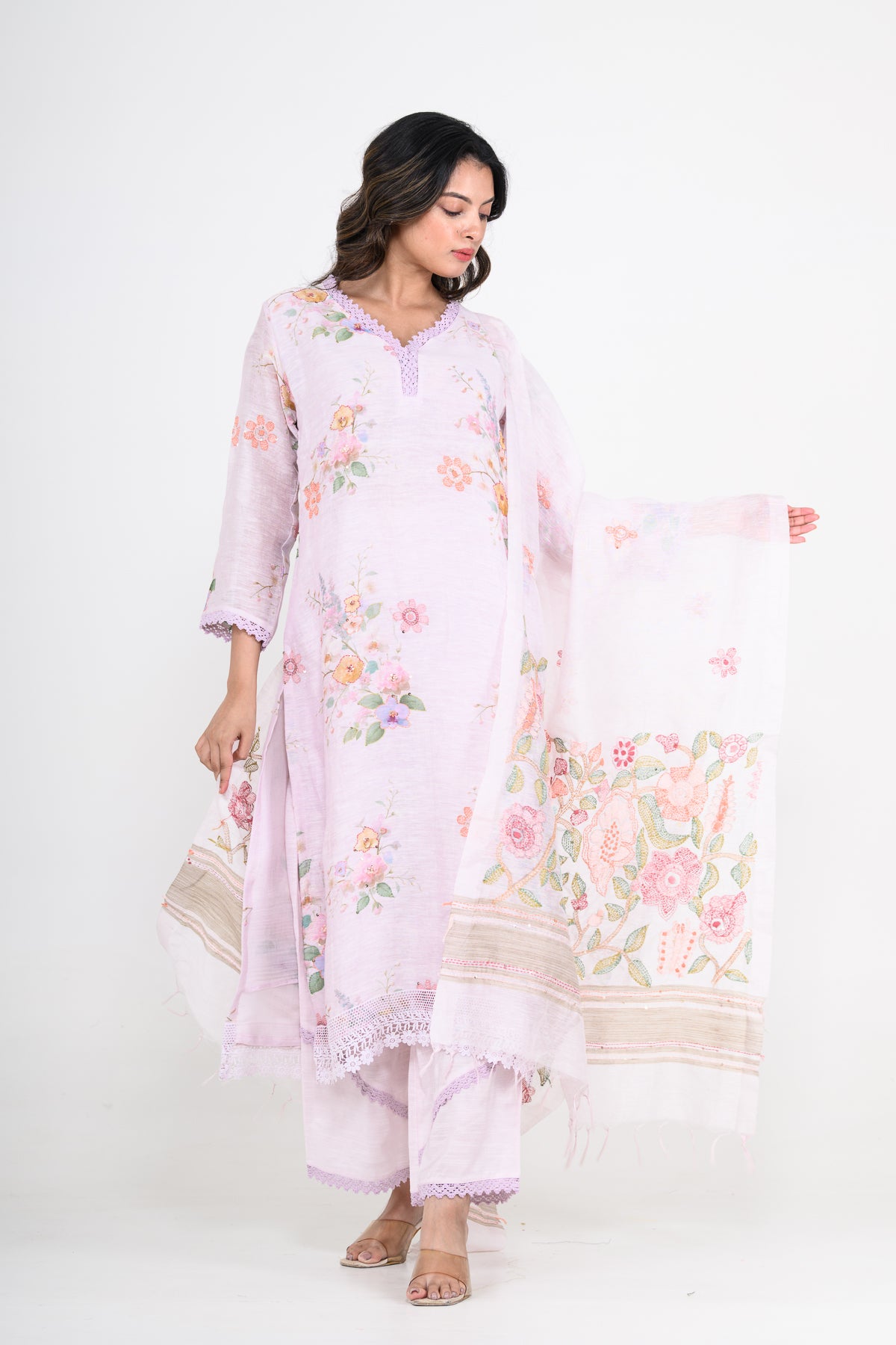 Lavender Purple Pure Linen Printed Kurta Set with Katha Work