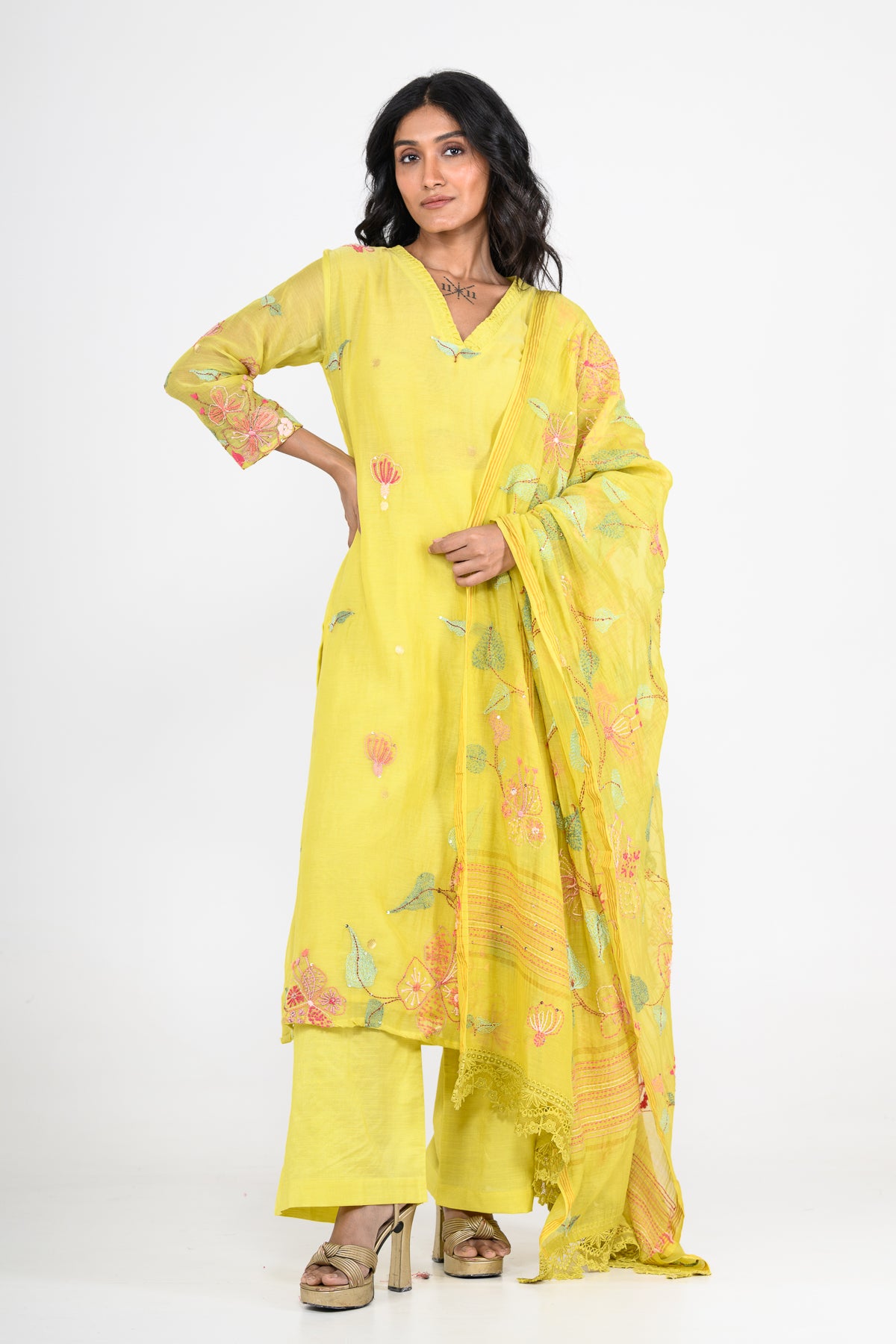 Sunshine Yellow Pure Mulmul Kurta Set & Dupatta with Katha Work