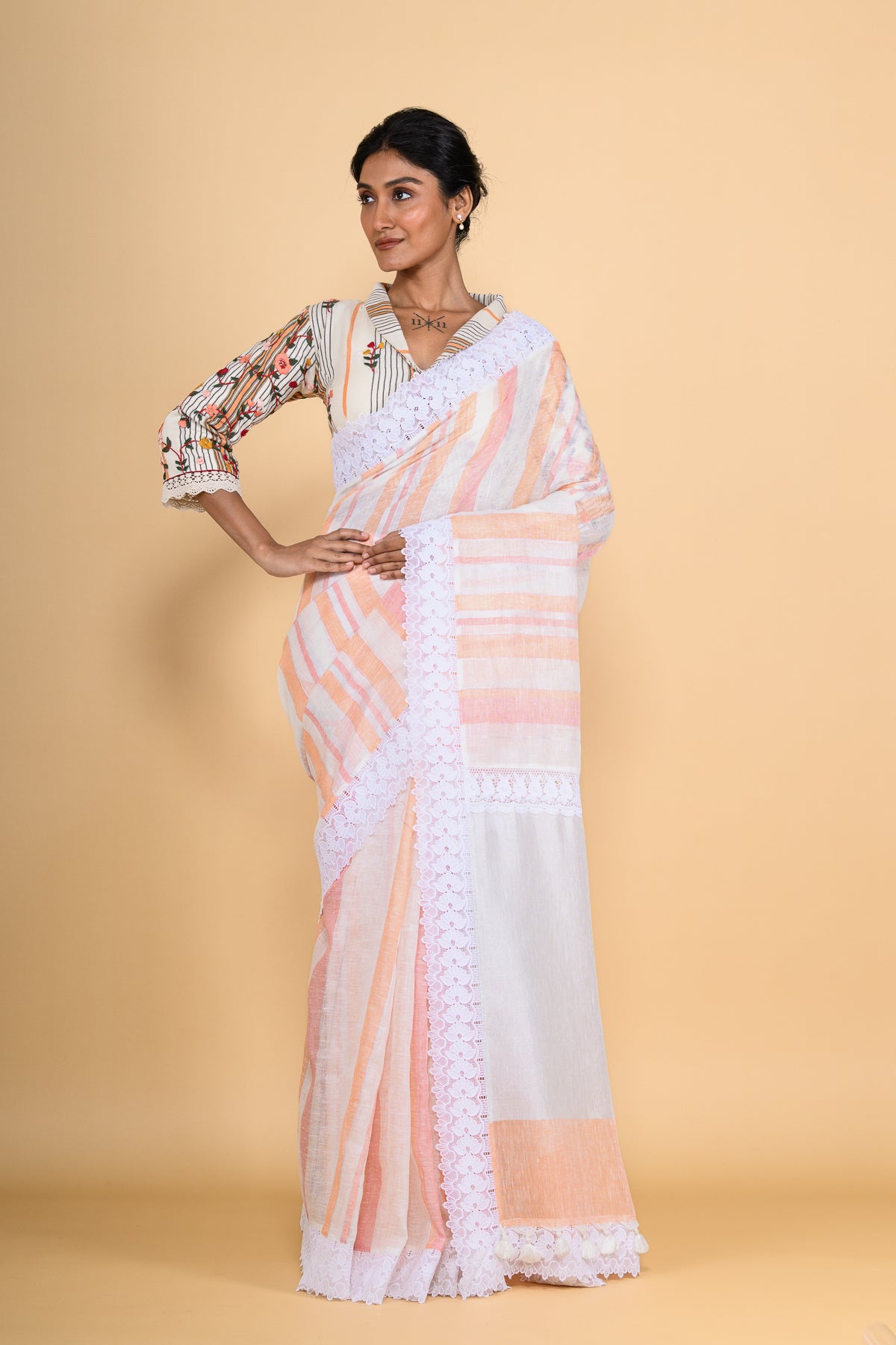 Peach Handwoven Jute Linen Saree