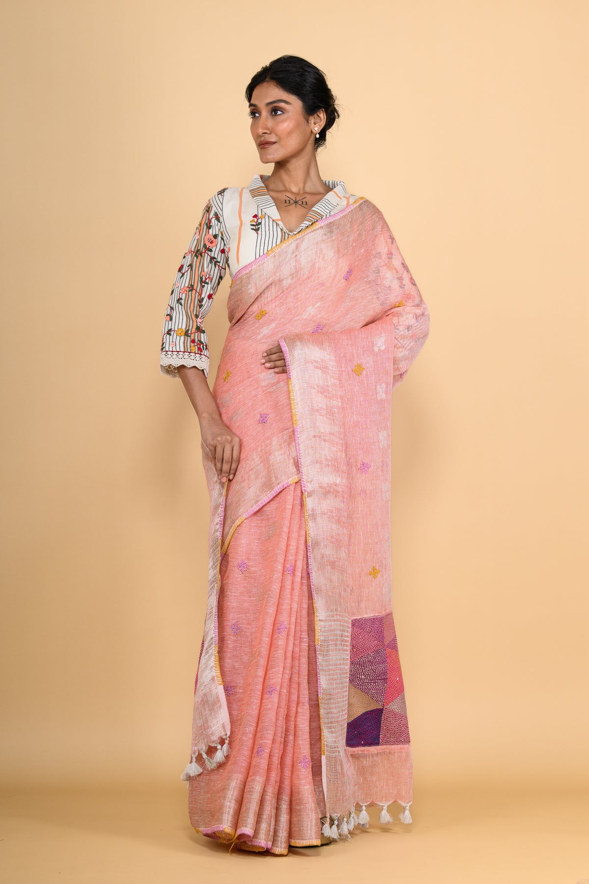 Pure Linen Pink Patchwork Saree with Tikki & Thread Work