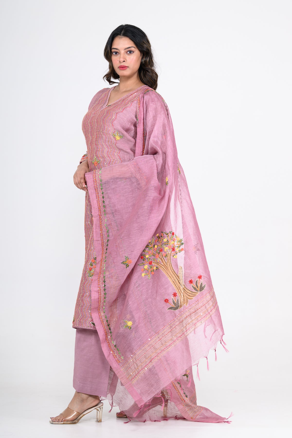 Mauve Purple Handprinted Kurta Set with Katha & Tikki Highlight