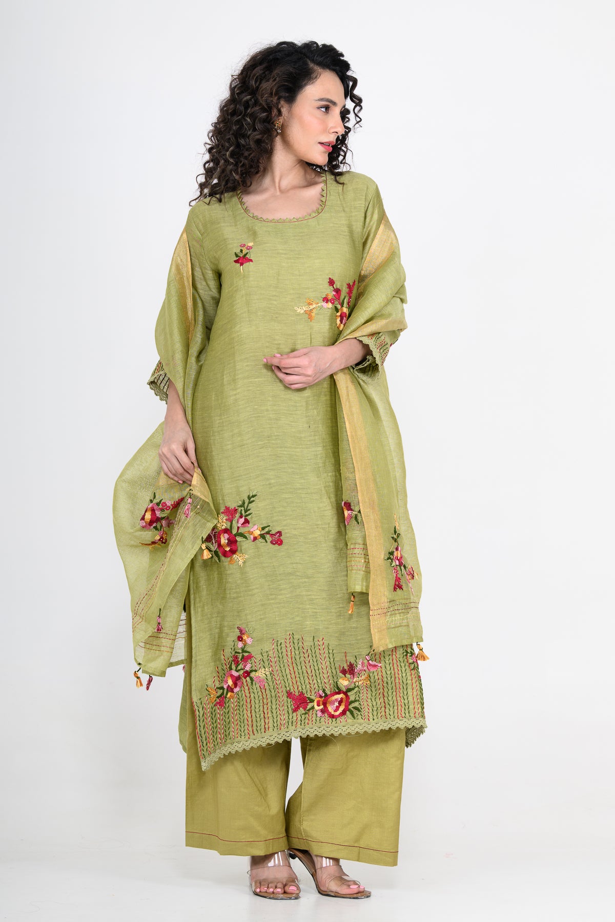 Leaf Green Thread Embroidered Pure Linen Kurta Set & Dupatta
