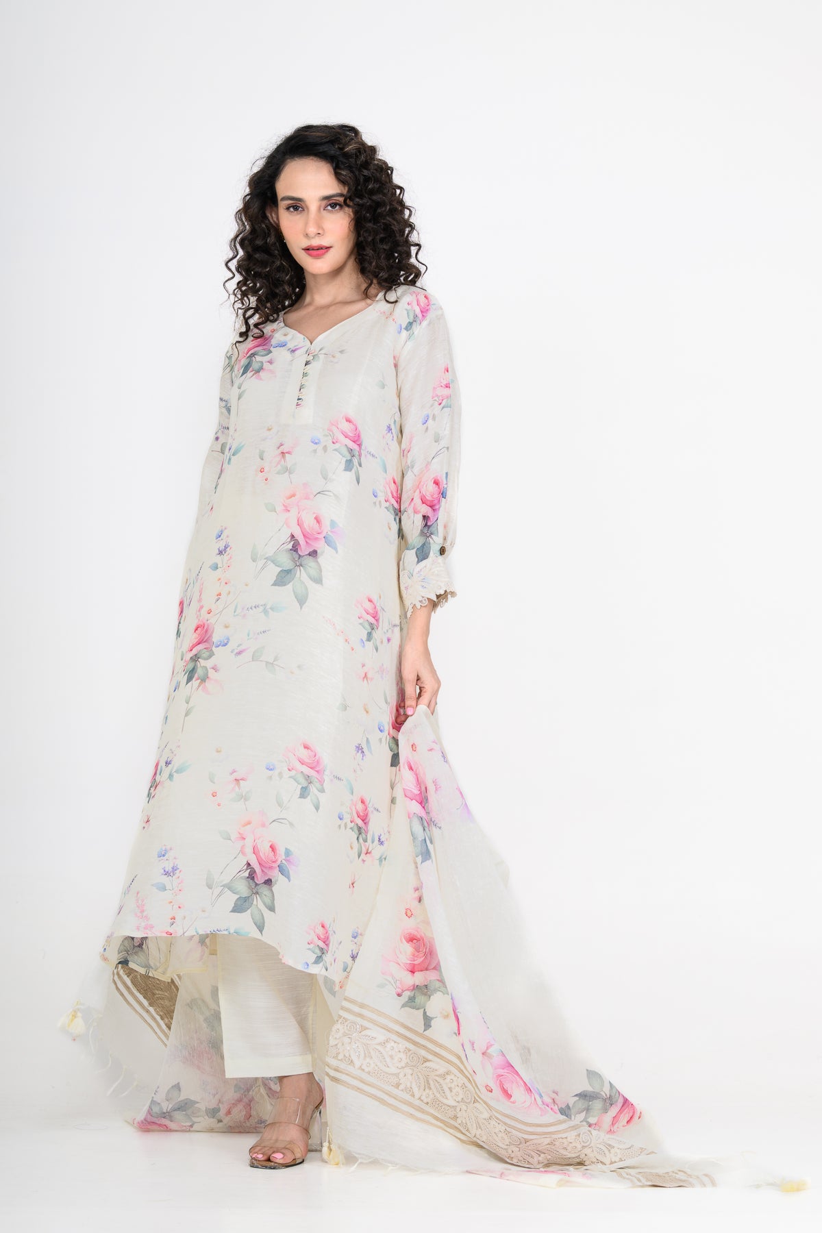 Pure Linen Off White Kurta Set with Dupatta