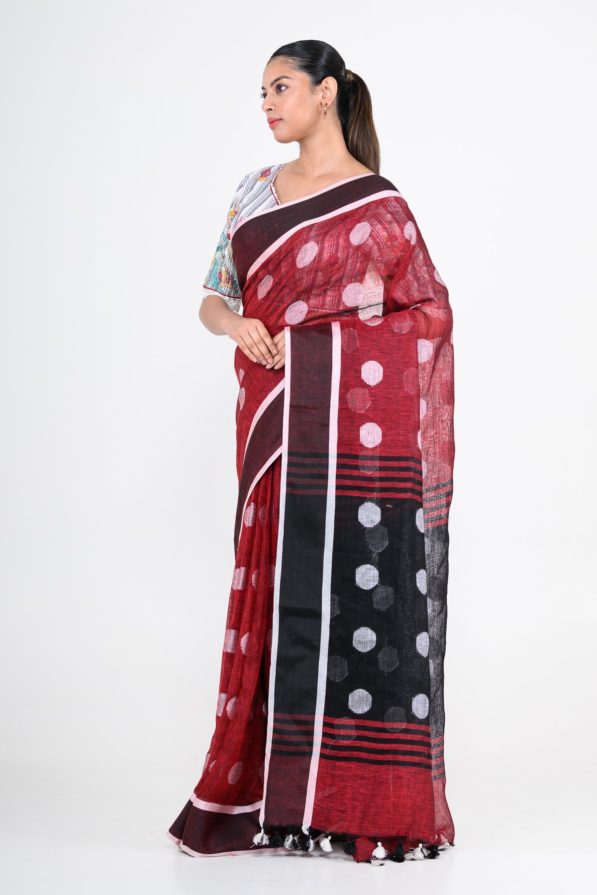Red Pure Linen Polka Dot Handwoven Saree