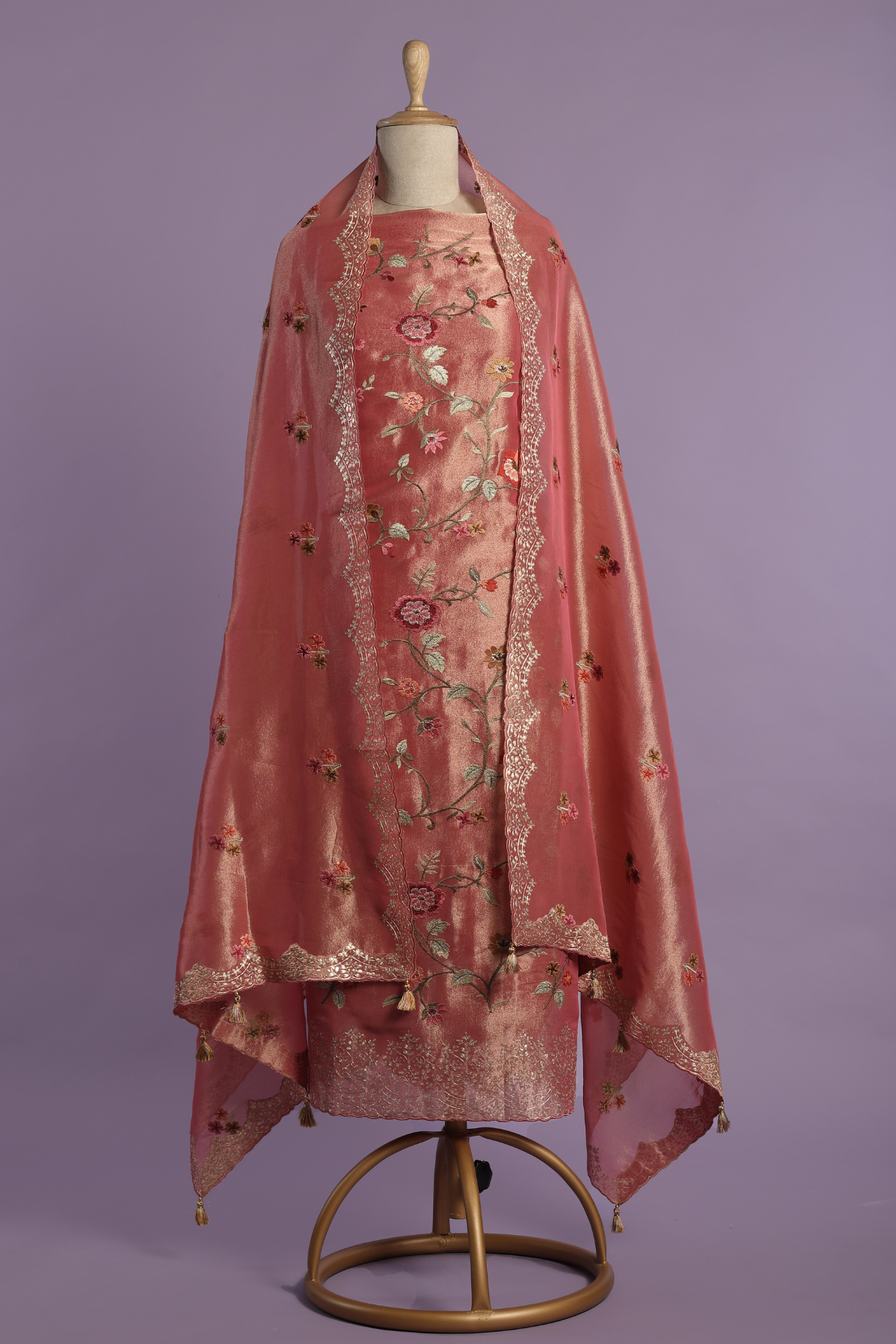 Pink Soft Tissue Kurta Set with Meticulous Parsi Embroidery