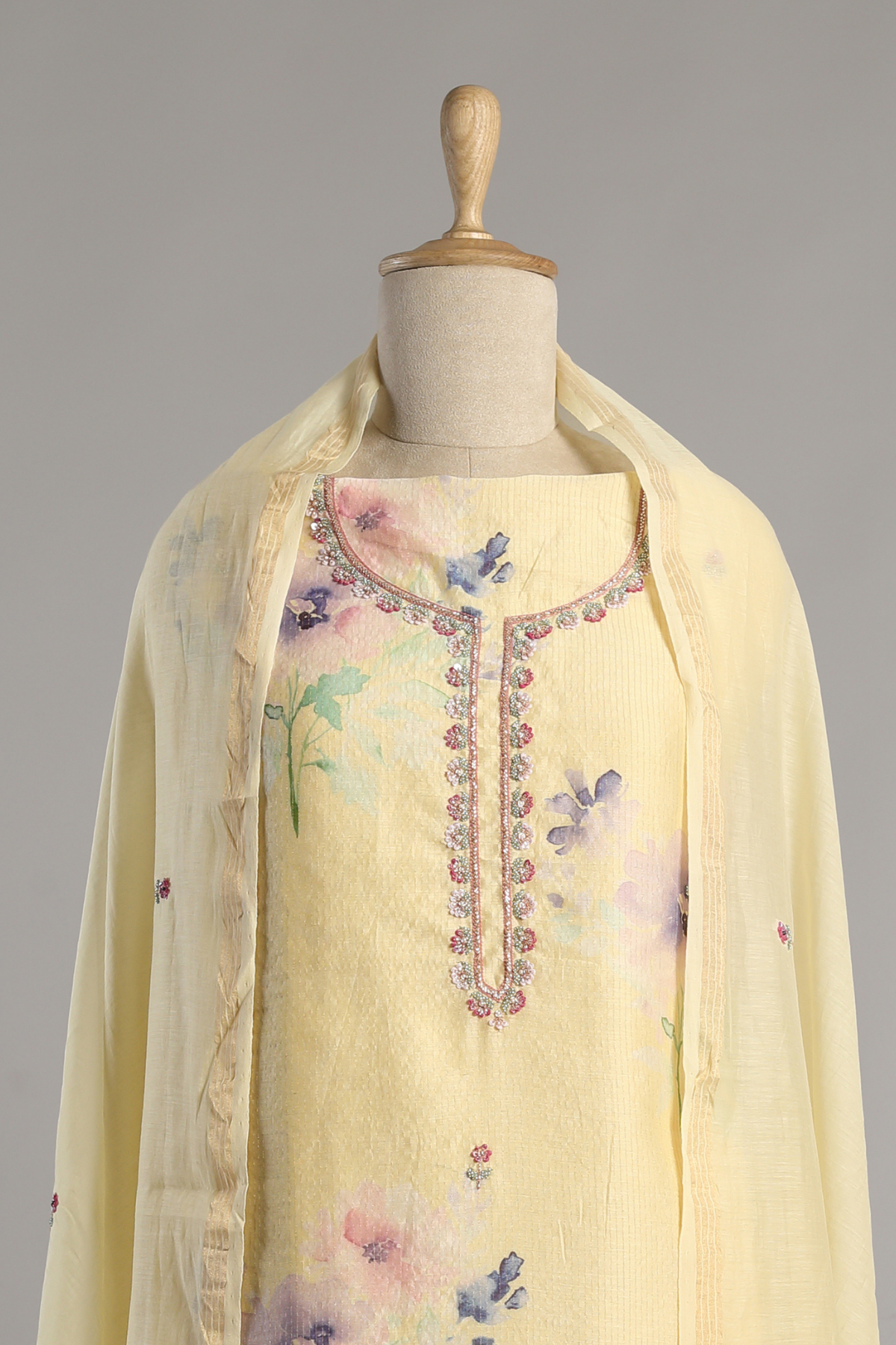 Yellow Zari Mul Printed Kurta Set with Intricate Neckline and Buti