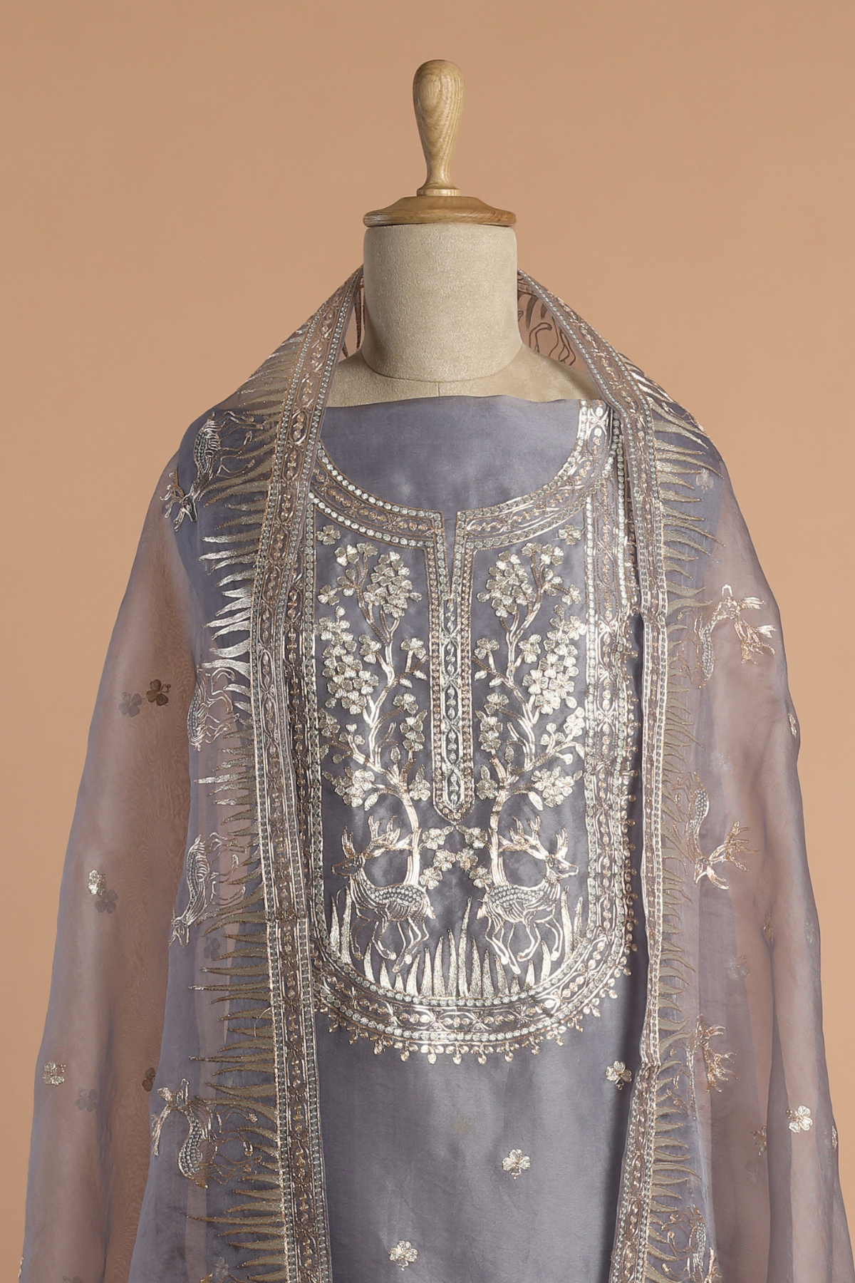 Grey Organza Kurta Set with Animal Motif & Zari Pitta Embroidery
