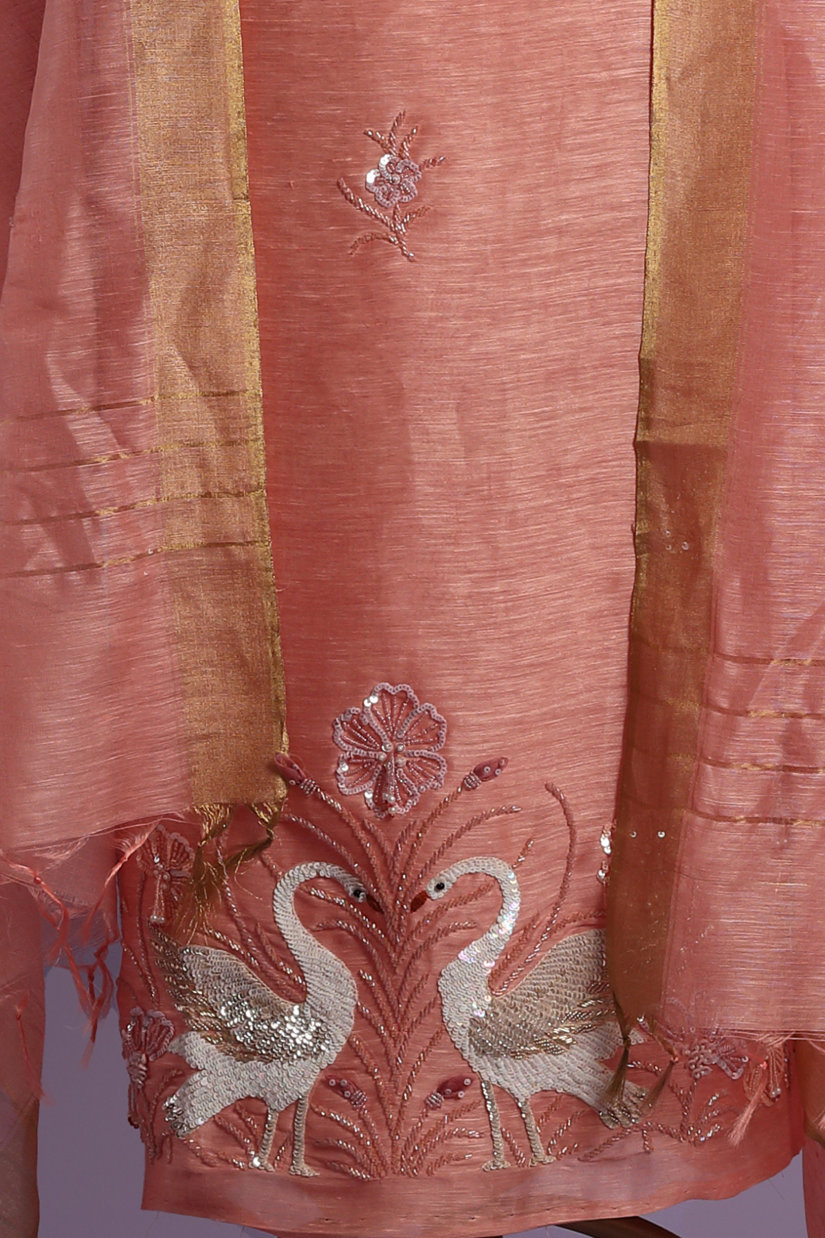 Peach Linen Kurta Set with Intricate Resham Embroidery with Pearls & Sequins