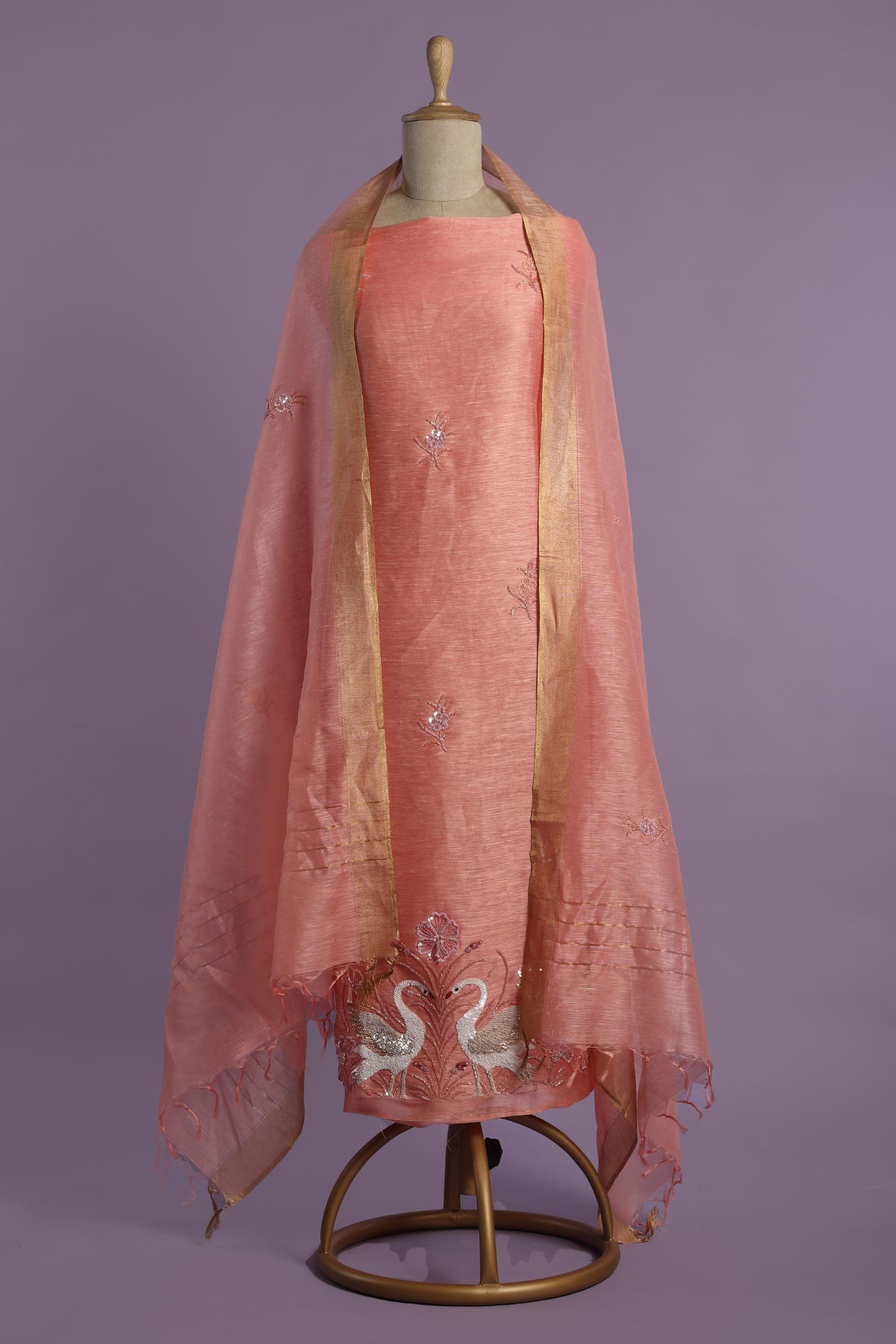 Peach Linen Kurta Set with Intricate Resham Embroidery with Pearls & Sequins