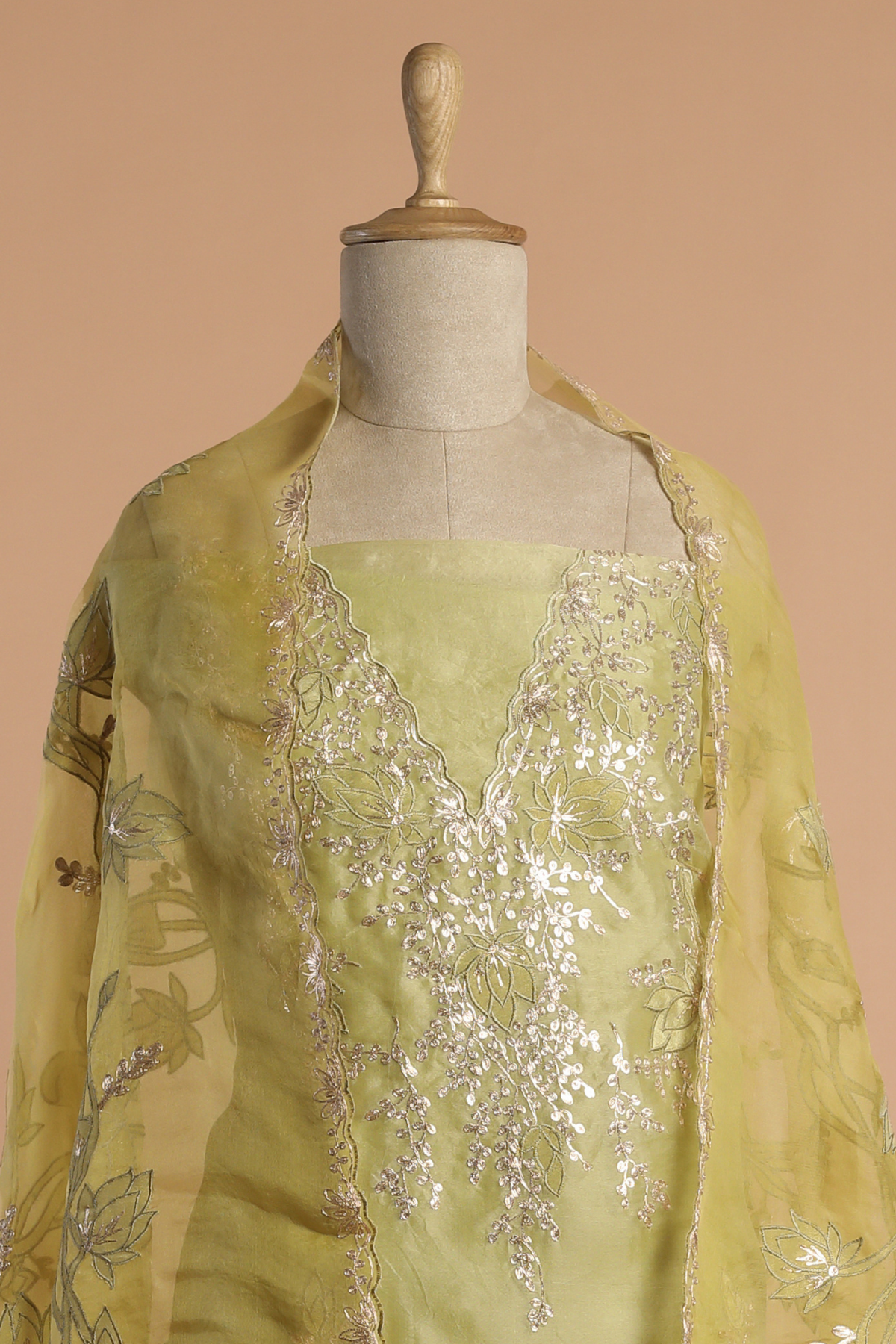Citrine Yellow Kurta Set with Contrast Dupatta Embroidered with Applique Work
