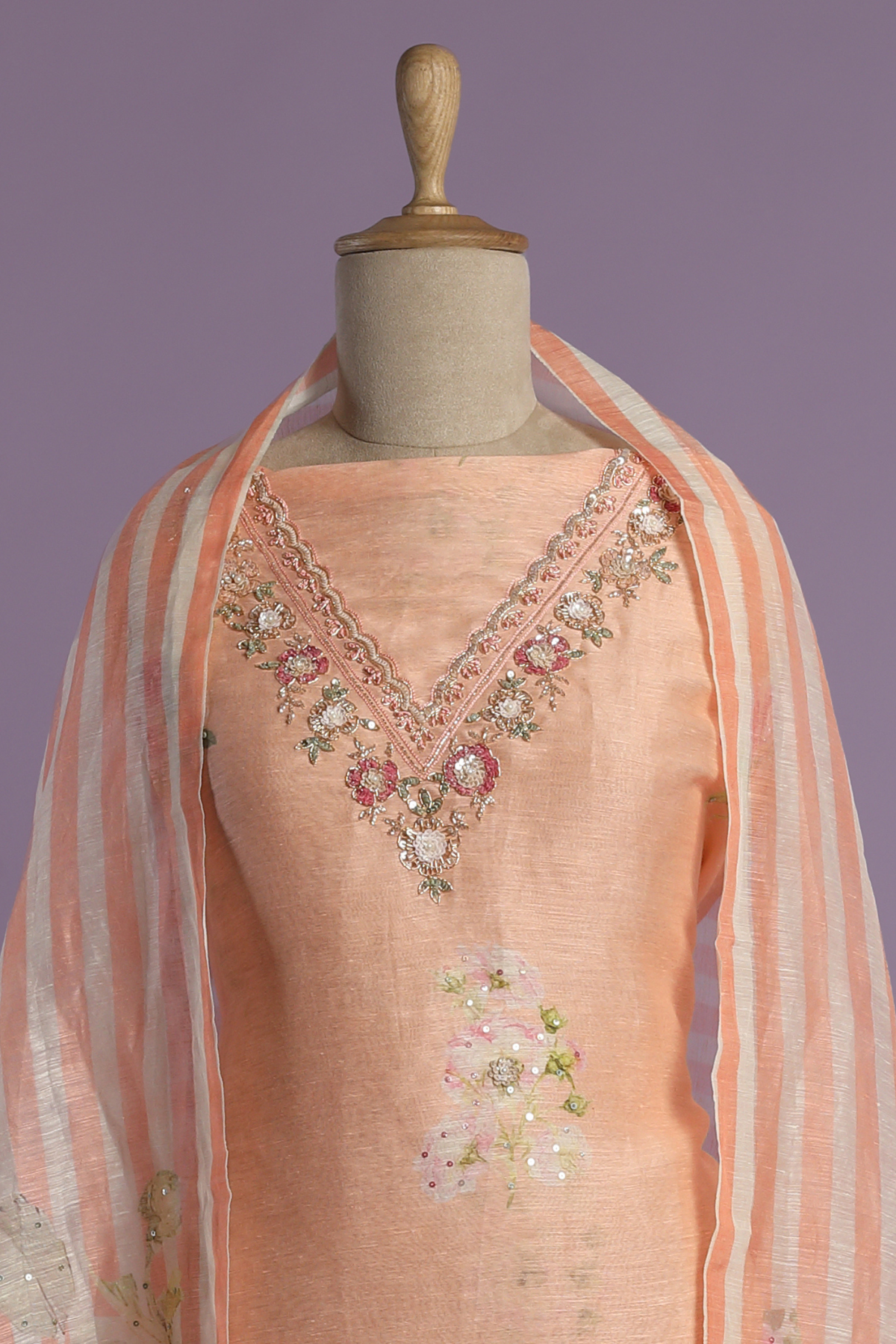 Peach Floral Printed Linen Kurta Set with Sequins & Intricate Hand Work
