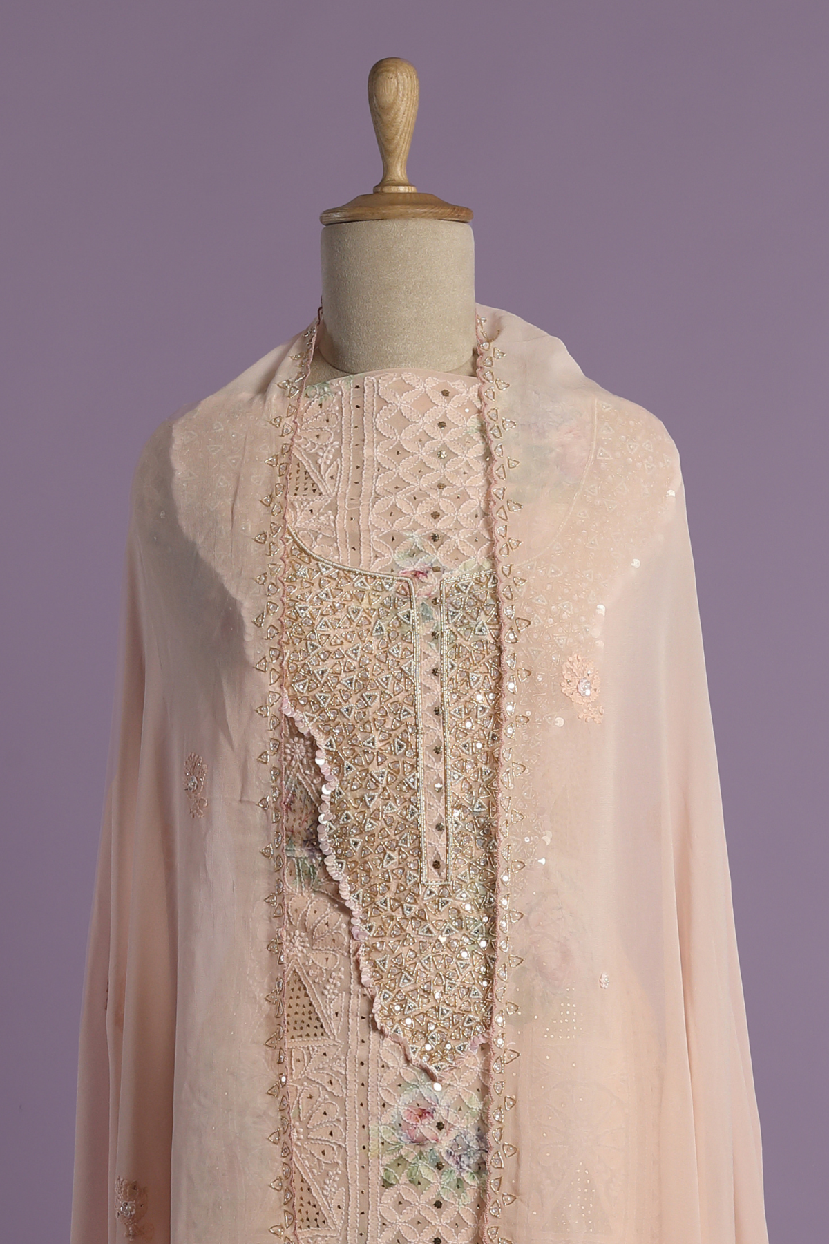 Floral Printed Georgette Chikankari Kurta Set Beautified with Zardozi Embroidery