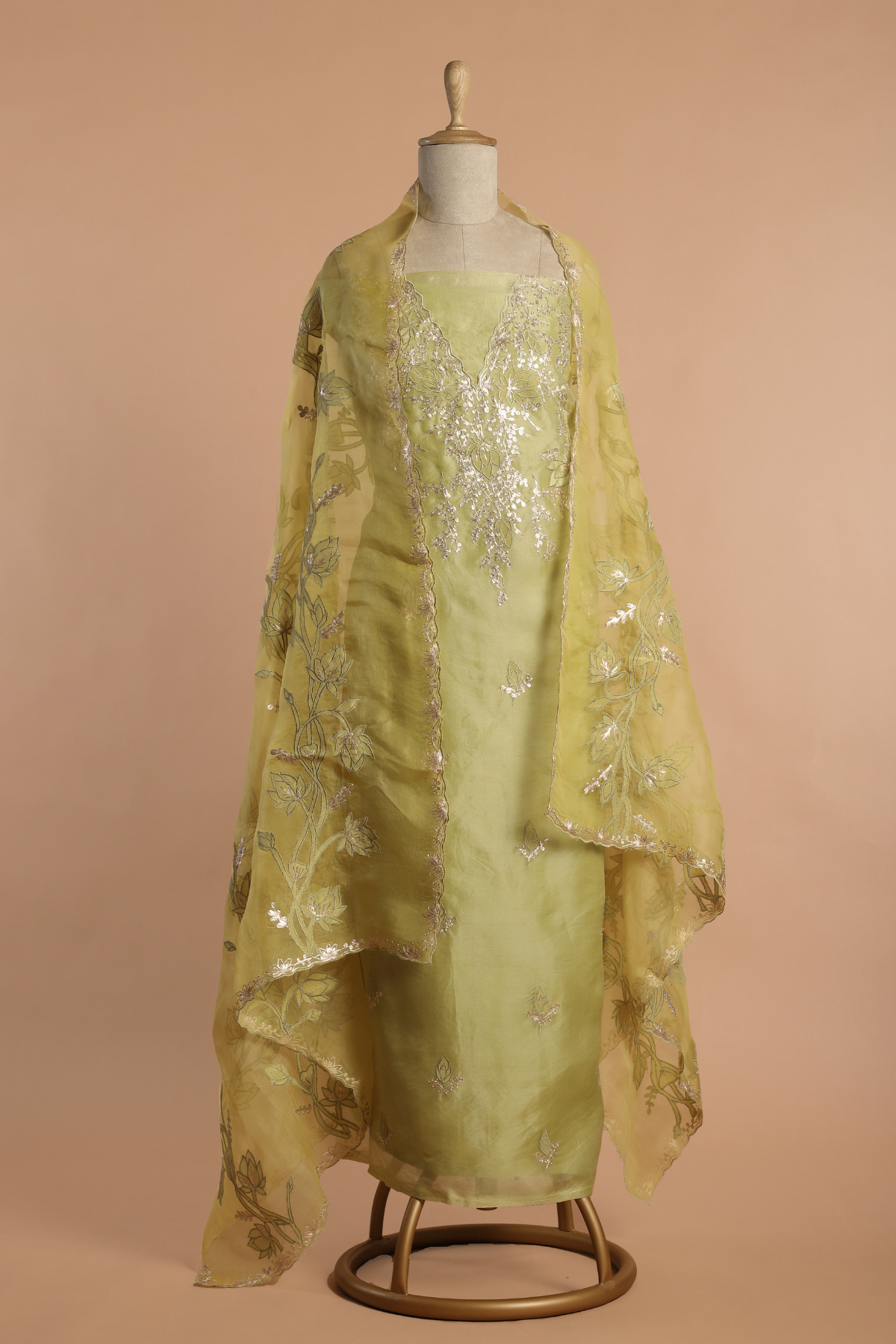 Citrine Yellow Kurta Set with Contrast Dupatta Embroidered with Applique Work
