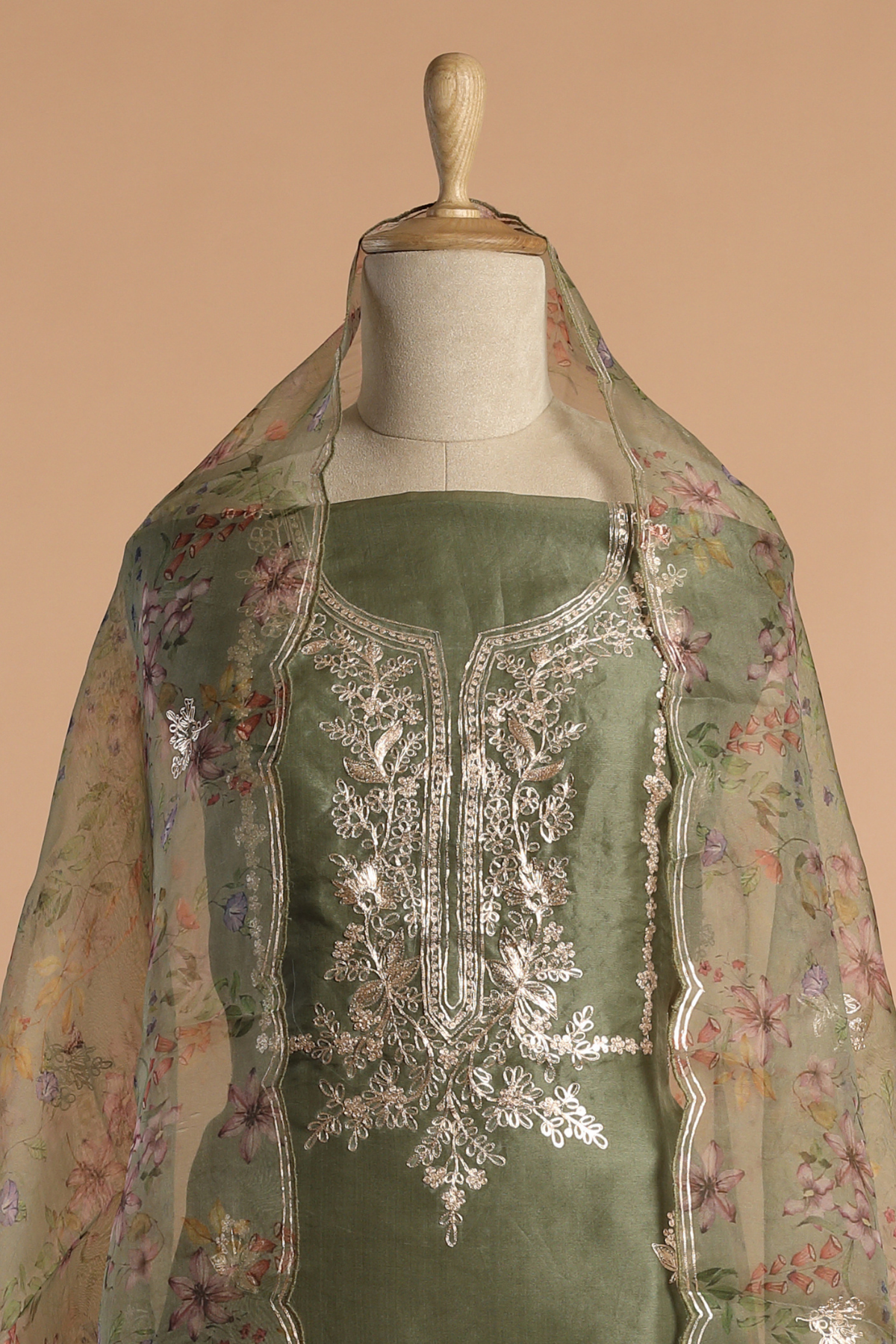 Sage Green Organza Kurta Set Enhanced with Intricate Zari Pitta Embroidery