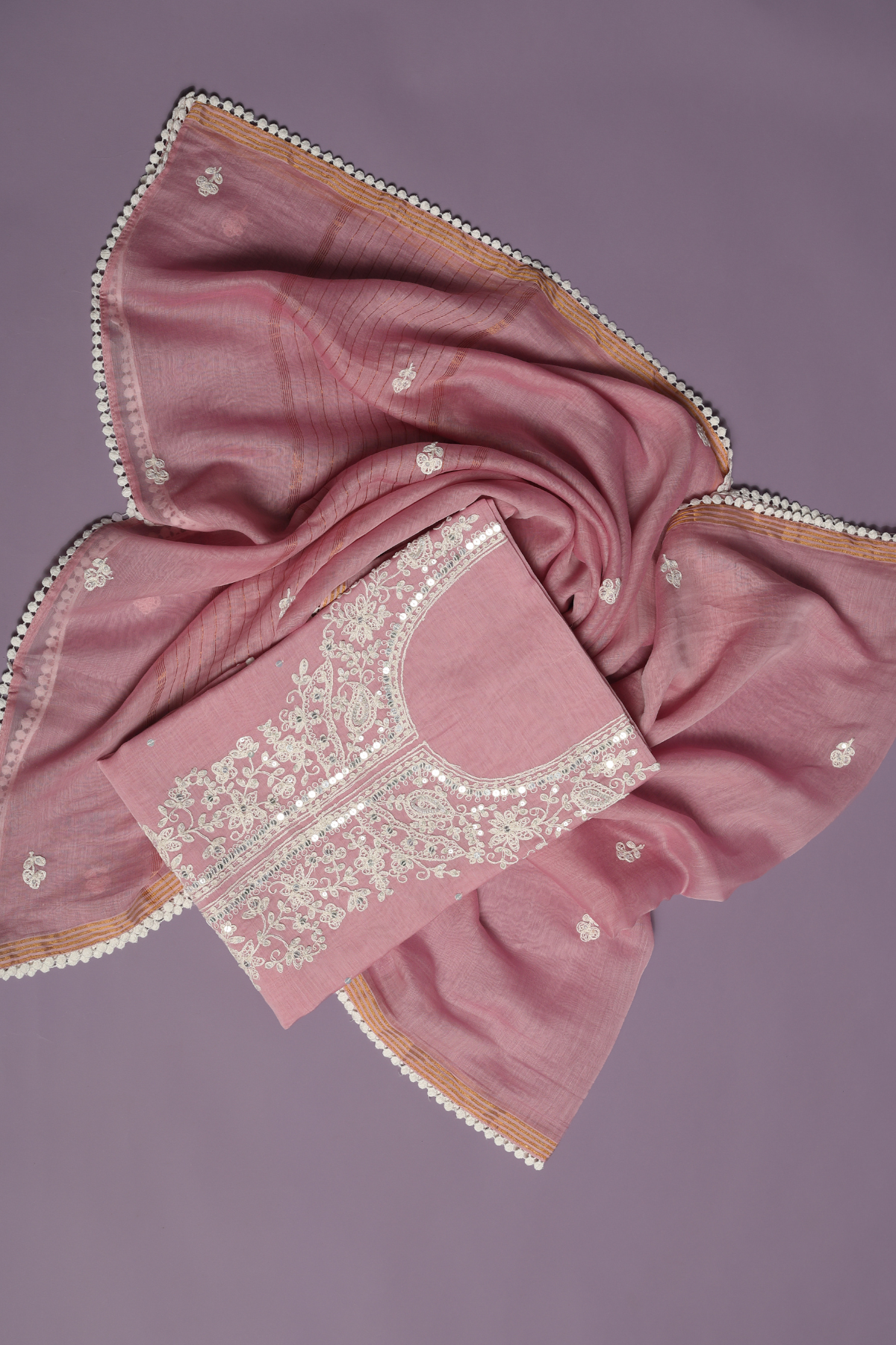 Bubblegum Pink Mul Kurta Set with Cord & Sequins Work