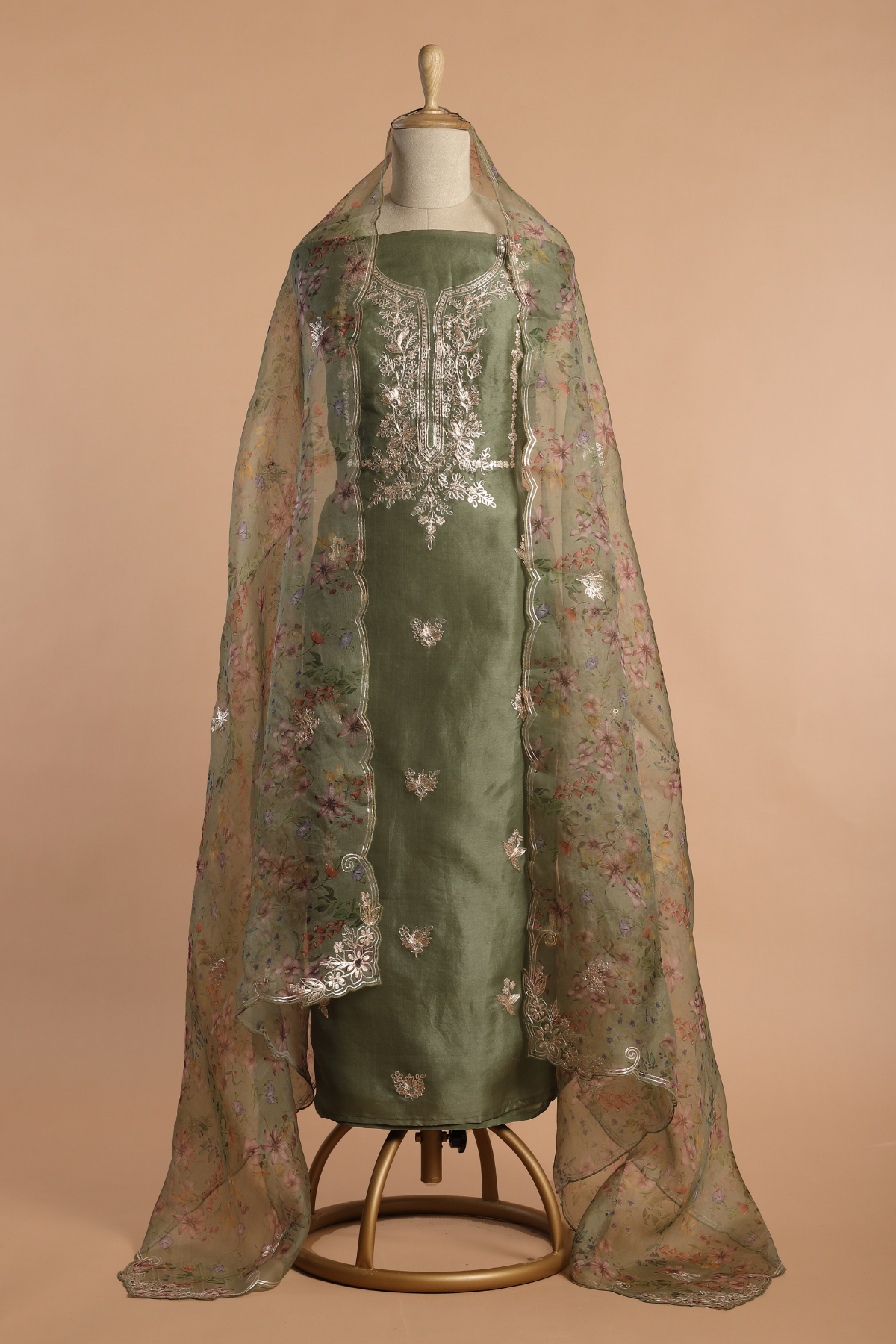 Sage Green Organza Kurta Set Enhanced with Intricate Zari Pitta Embroidery
