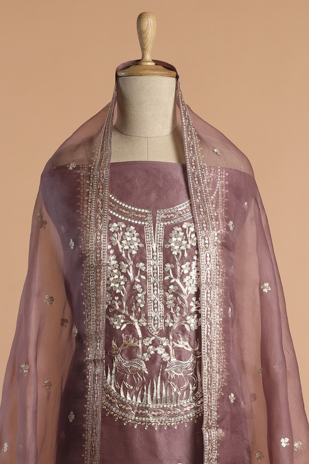 Dusty Pink Organza Kurta Set with Animal Motif & Zari Pitta Embroidery