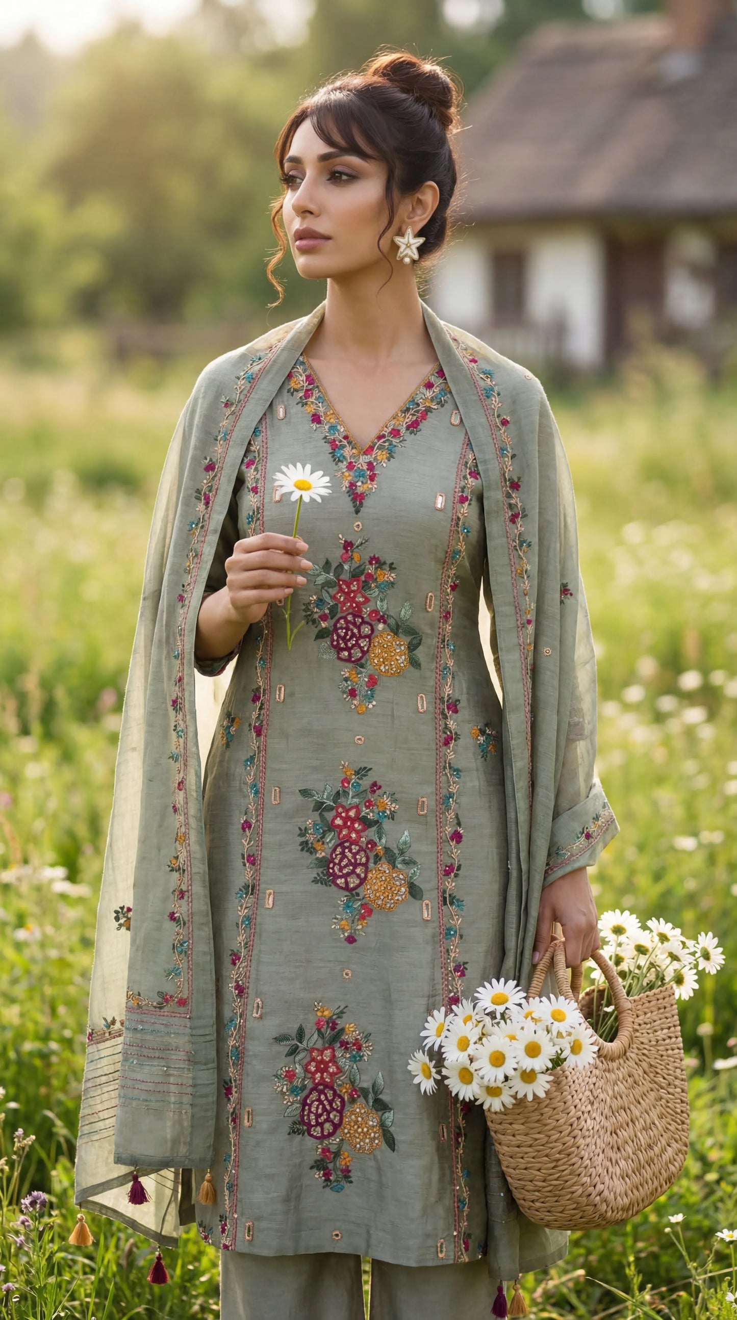 Sage Green Resham Embroidery Linen Suit Set