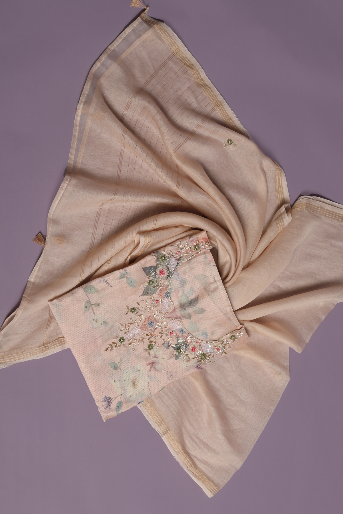 Powder Pink Printed Zari Mul Kurta Set Highlighted with Sequins & Pearl Neckline