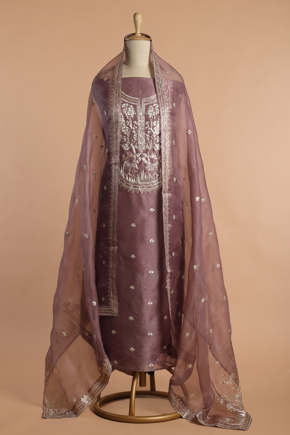 Dusty Pink Organza Kurta Set with Animal Motif & Zari Pitta Embroidery