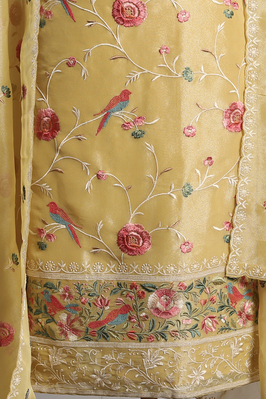 Yellow Soft Tissue Kurta Set with Meticulous Parsi Embroidery