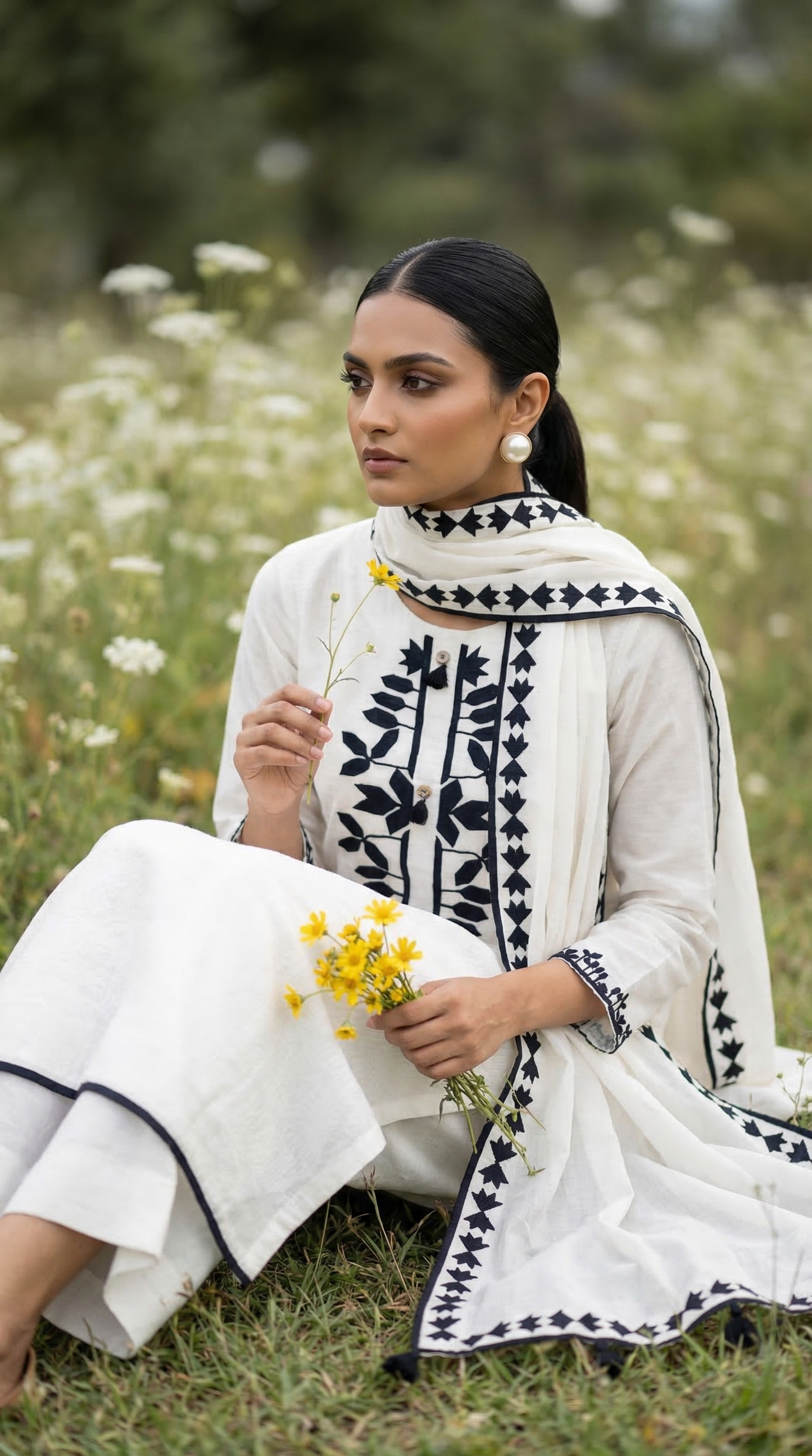 White & Black Soft Mul Kurta Set with Floral Applique Work