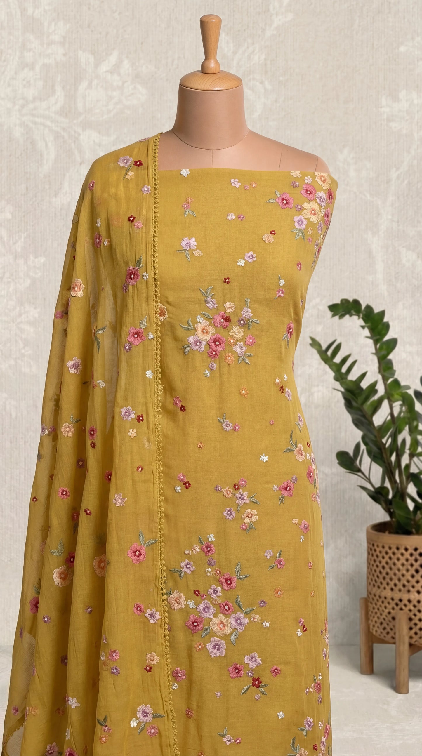 Resham Embroidery Mustard Mul mul Unstitched Suit Set