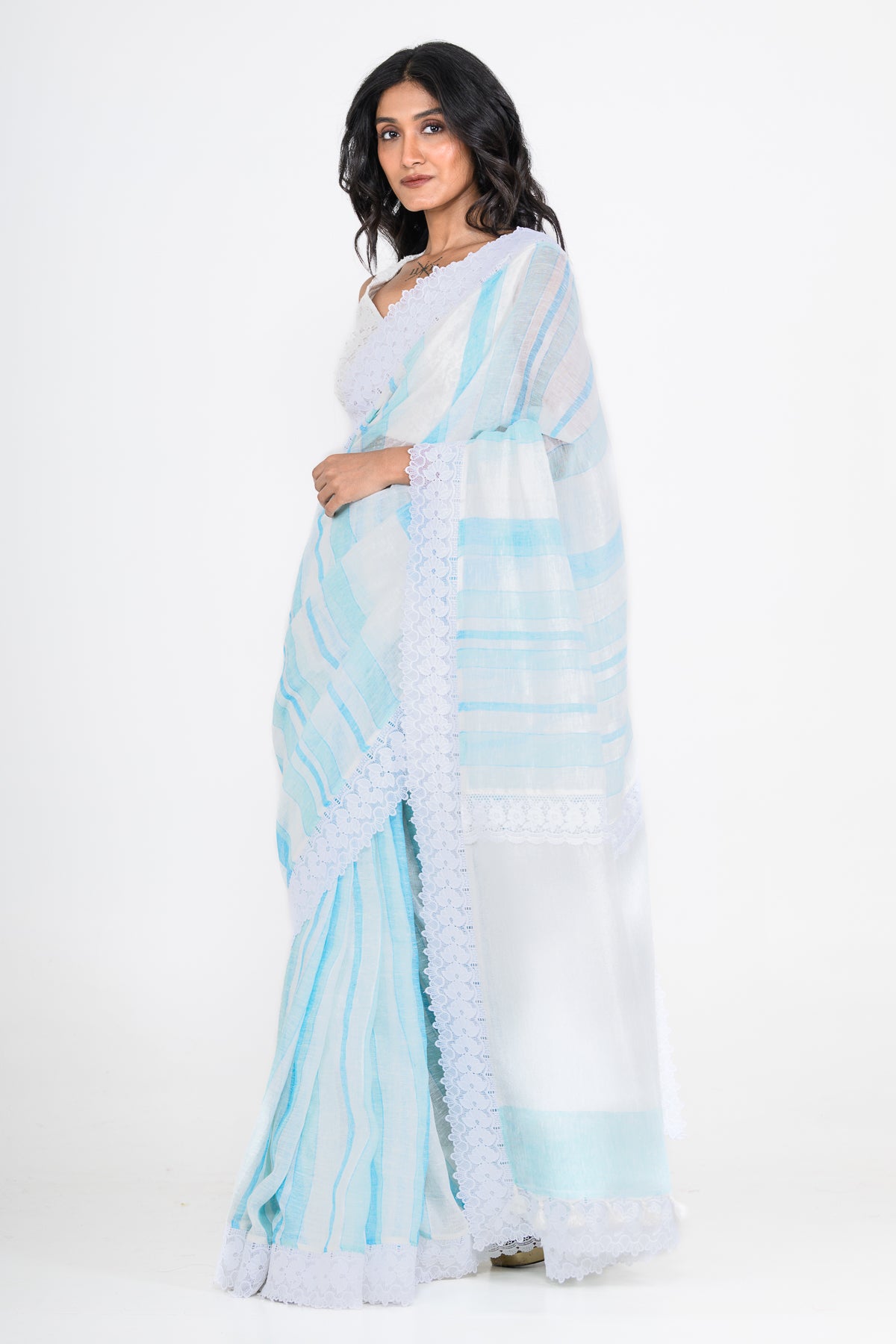 Printed Light Blue Pure Linen Saree