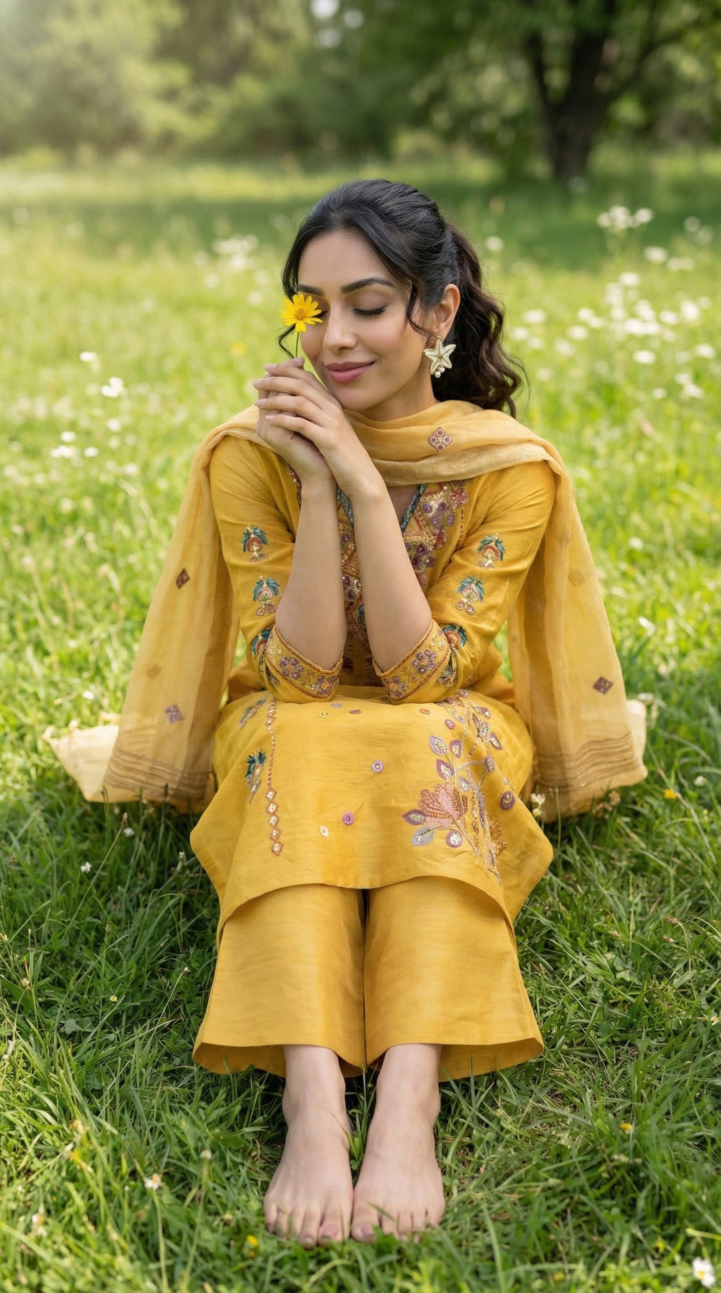 Mustard Resham Embroidery Linen Suit Set