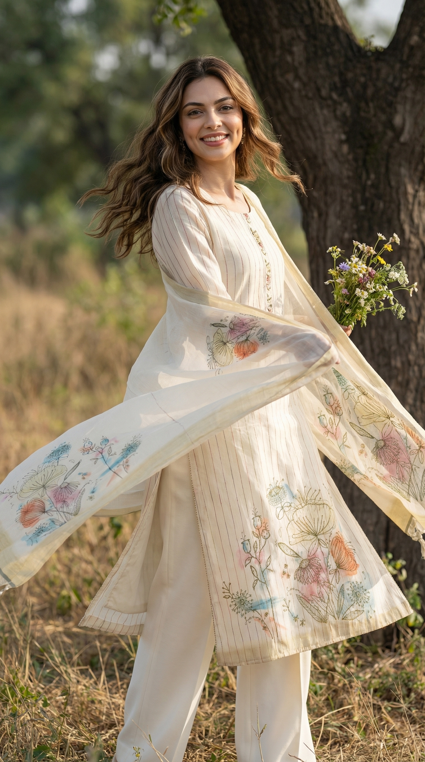 Resham Embroidery White Jute Cotton Stitched Suit Set