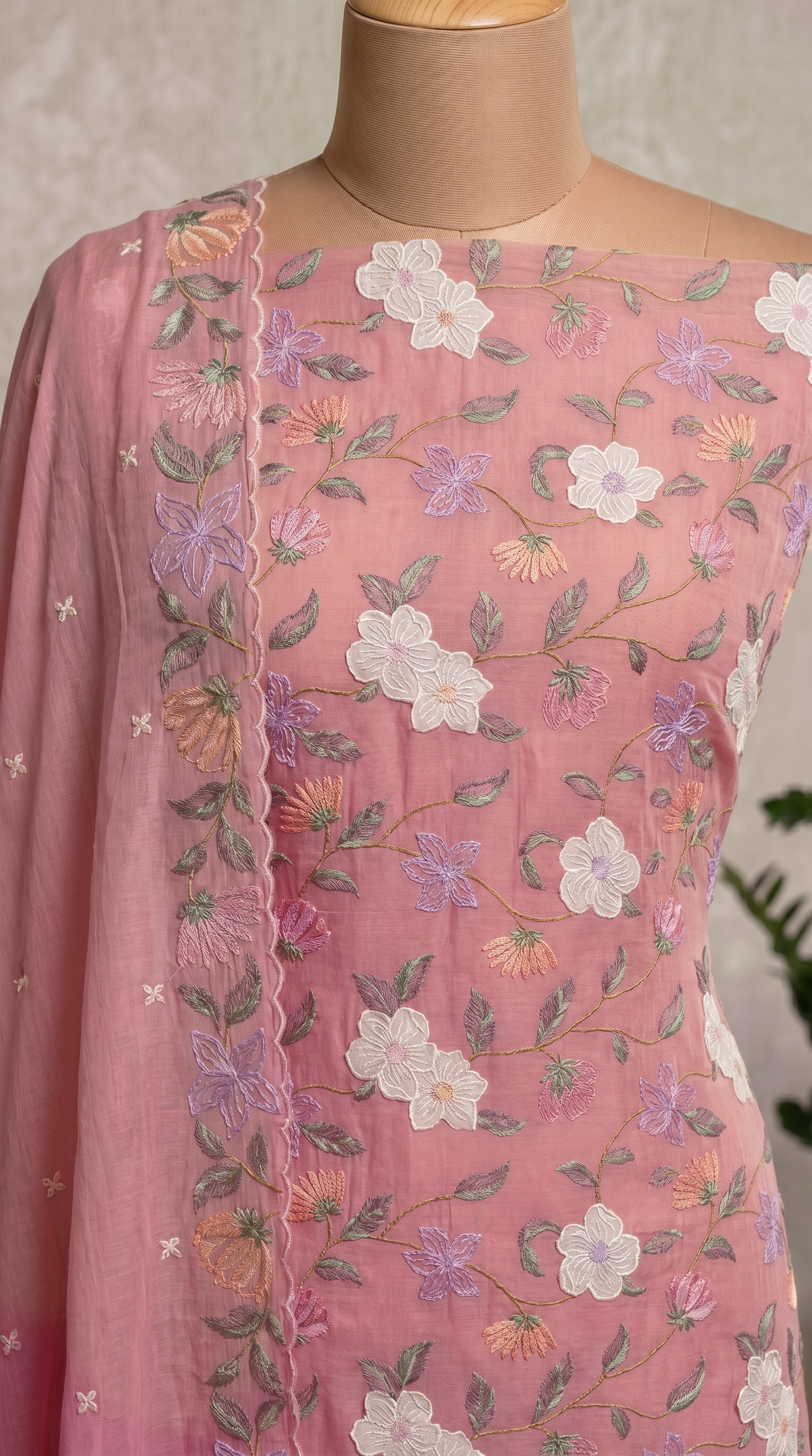Vibrant Pink Floral embroidered Unstitched Indian Suit Piece