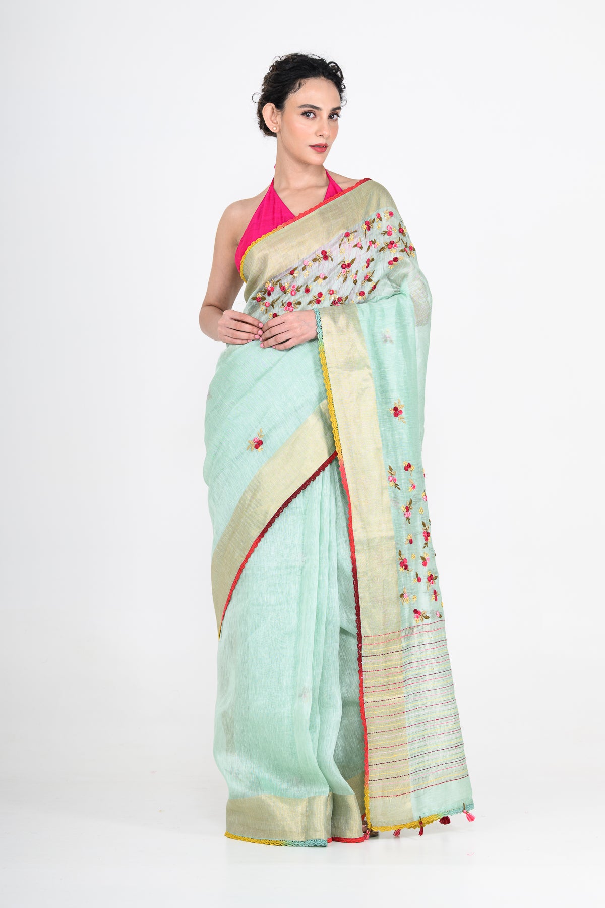 Light Green Pure Linen Saree with Thread Work