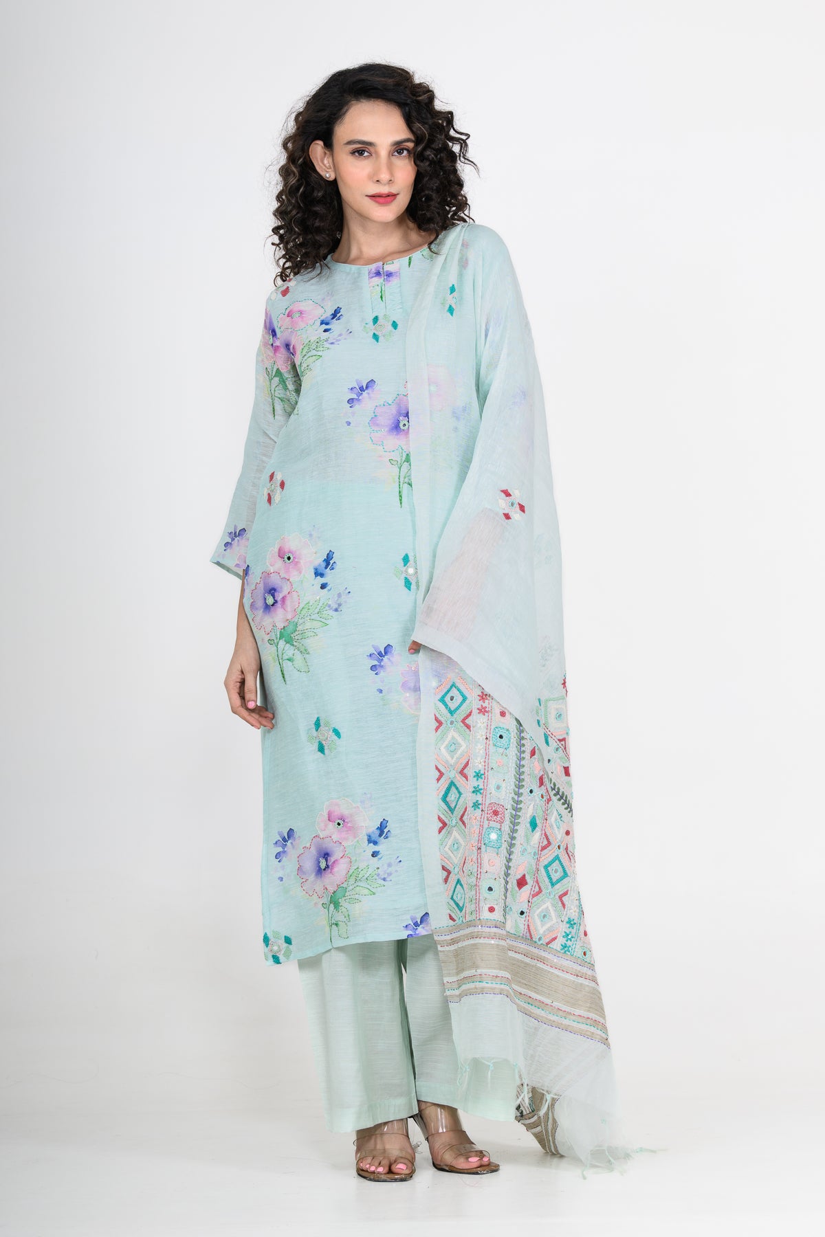 Sky Blue Pure Linen Kurta Set with Katha & Mirror Highlight
