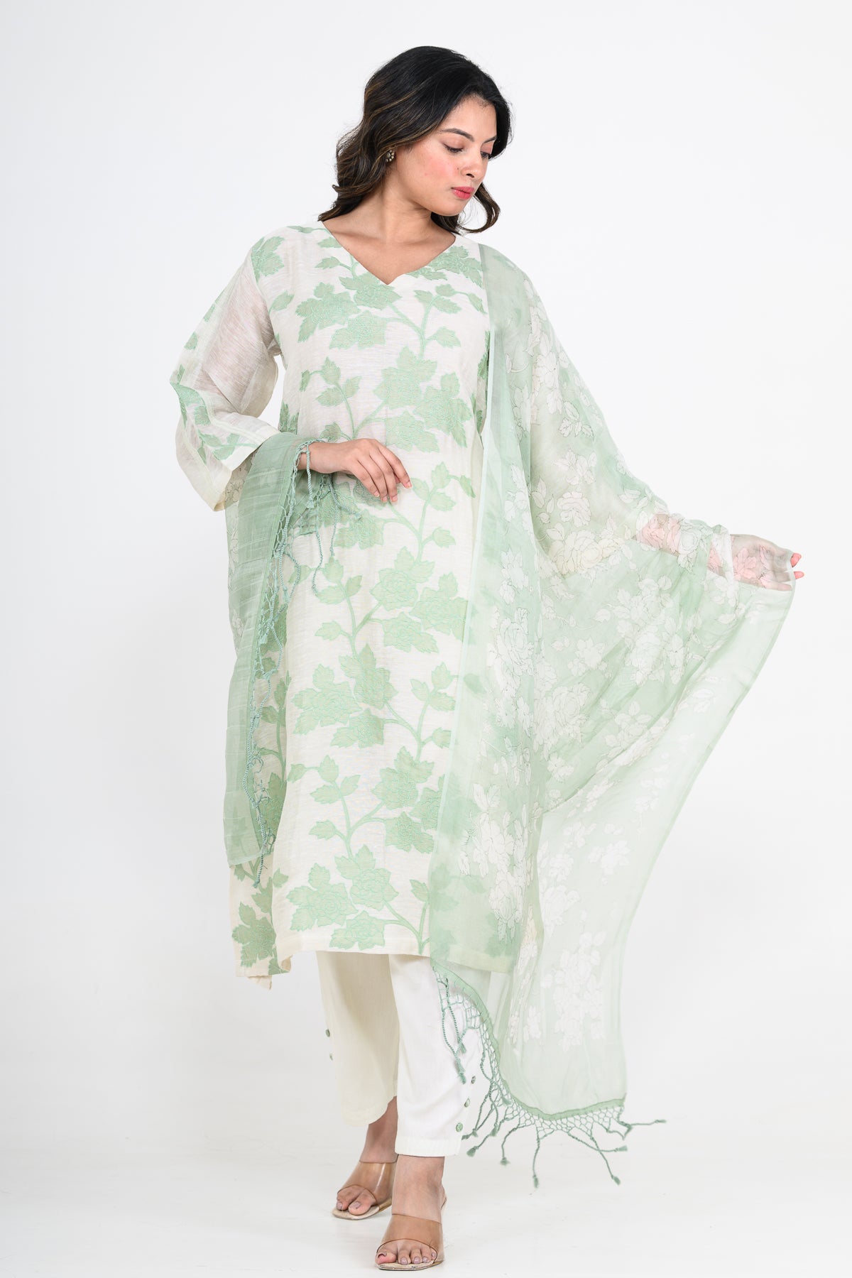 Green Printed Pure Mulmul Kurta Set with Appliques