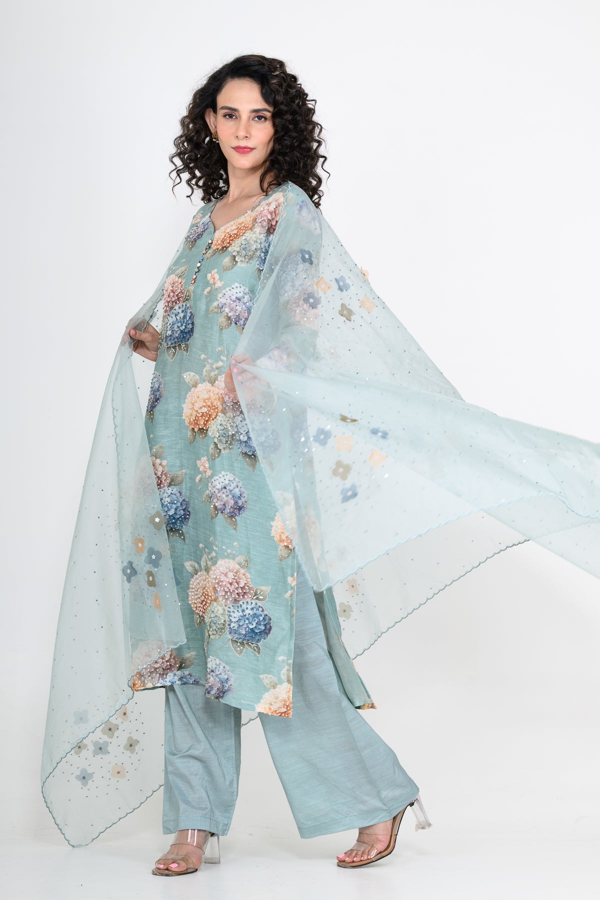 Powder Blue Printed Linen Kurta Set with Tikki & Cutdana Highlight