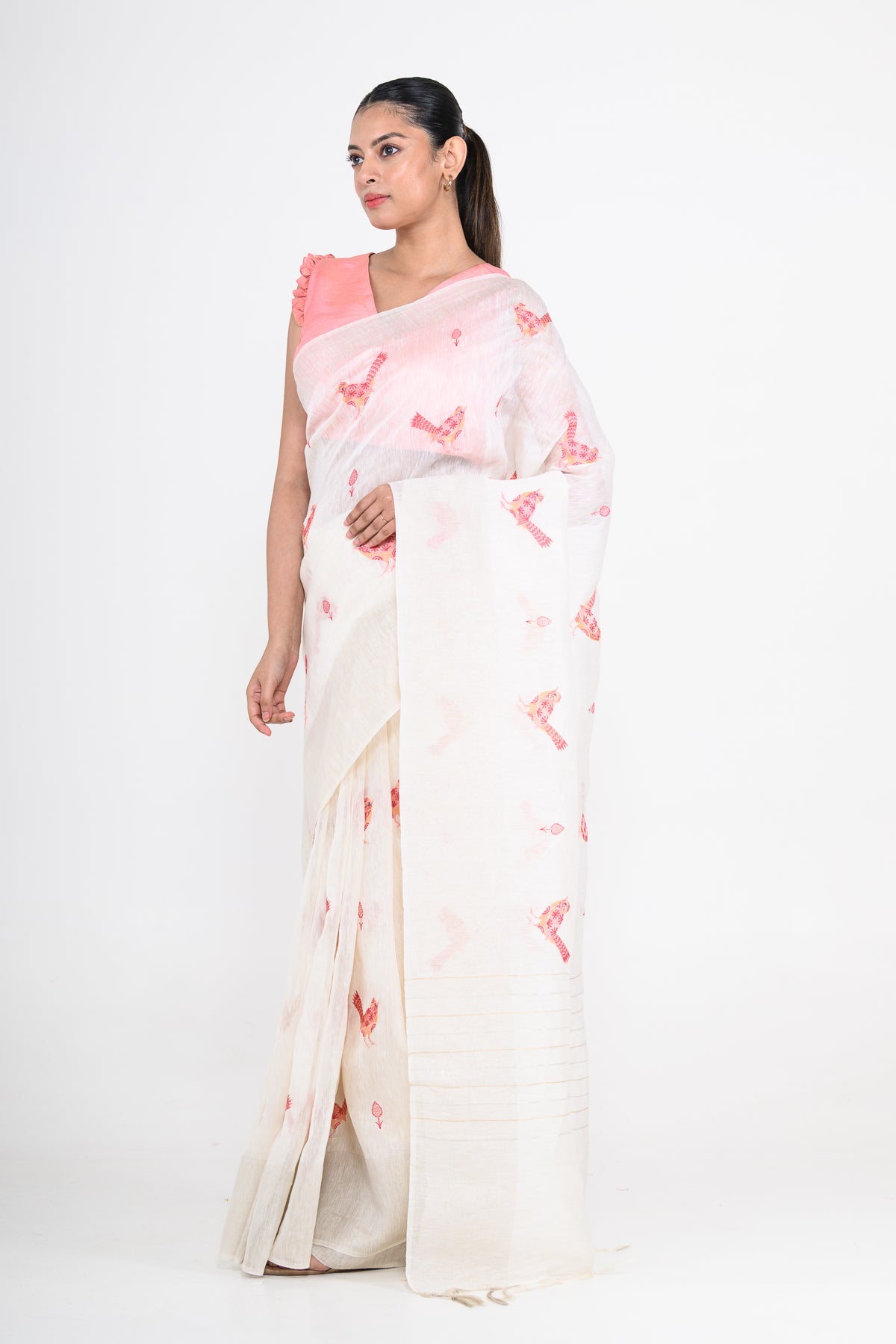 Parsi Embroidered White Pure Linen Saree