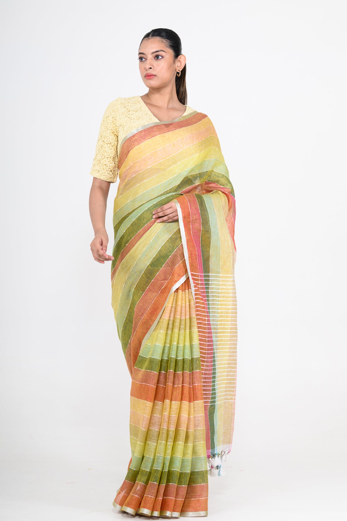 Multicolored Handwoven Striped Pure Linen Saree