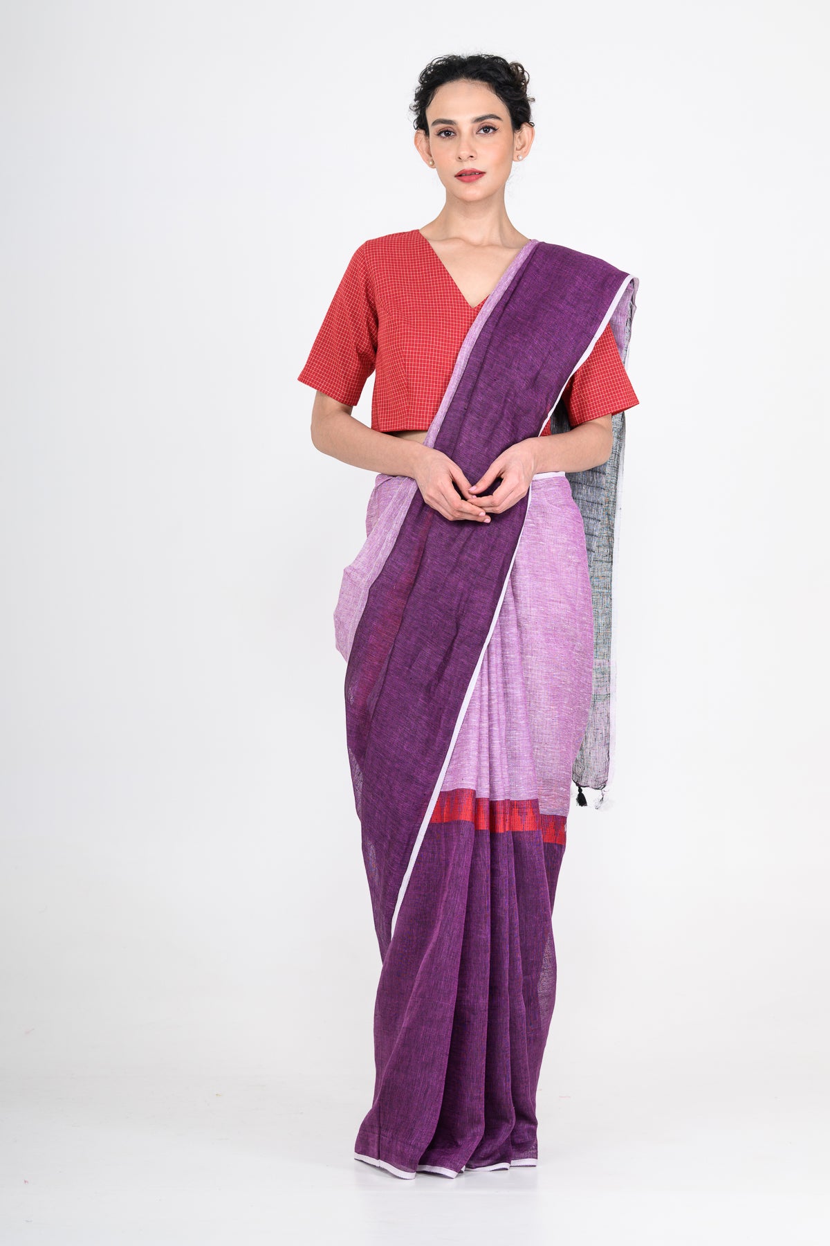 Purple Handwoven Striped Pure Linen Saree