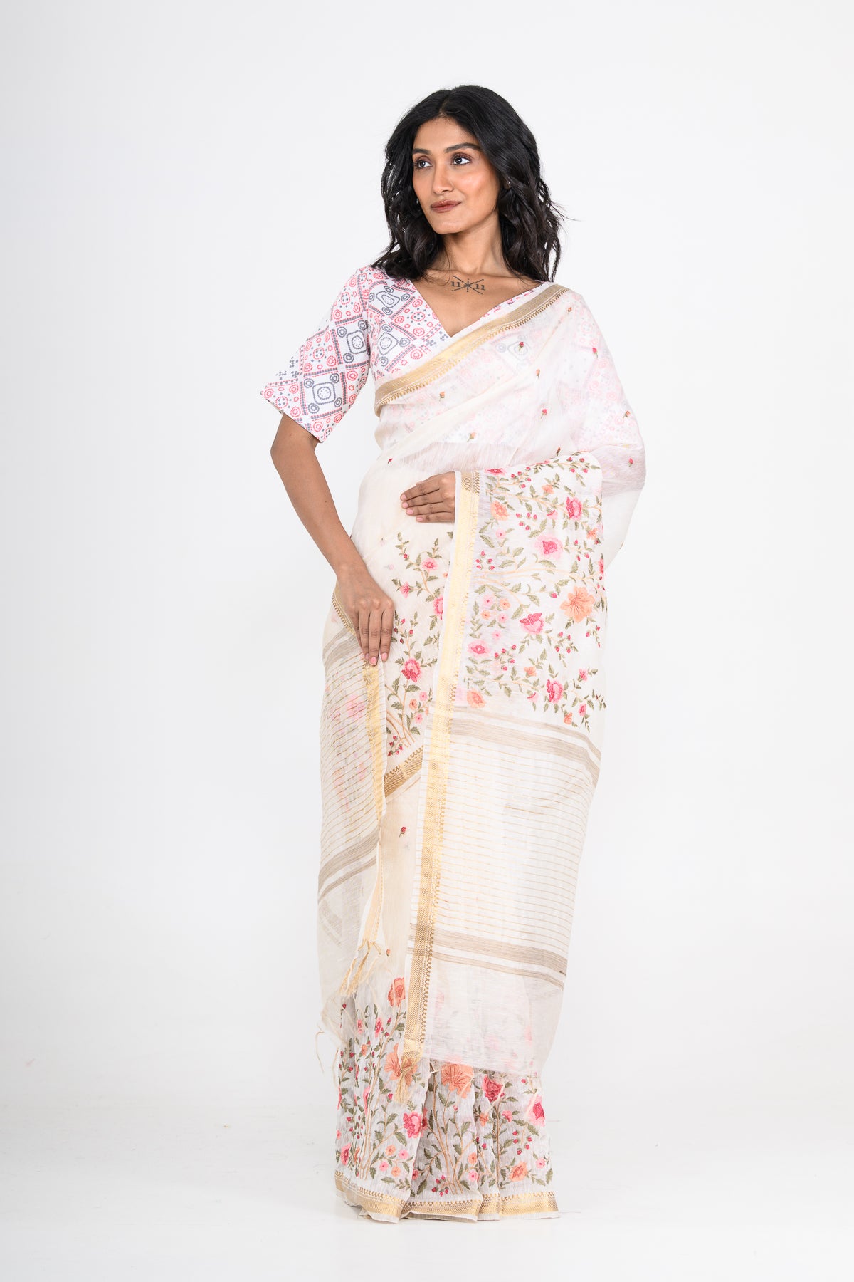 Parsi Embroidered Off White Pure Linen Saree